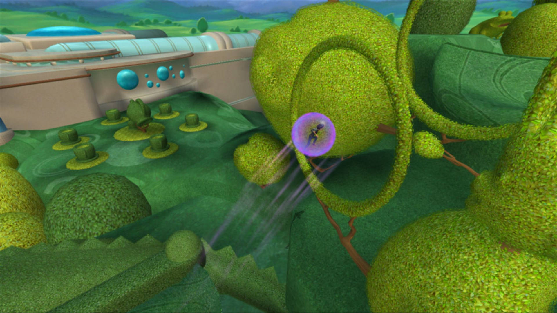 meet the robinsons 桌布 壁紙 — 一艘小型紫色太空船飛過茂密的綠色外星叢林，背景是未來主義建築。