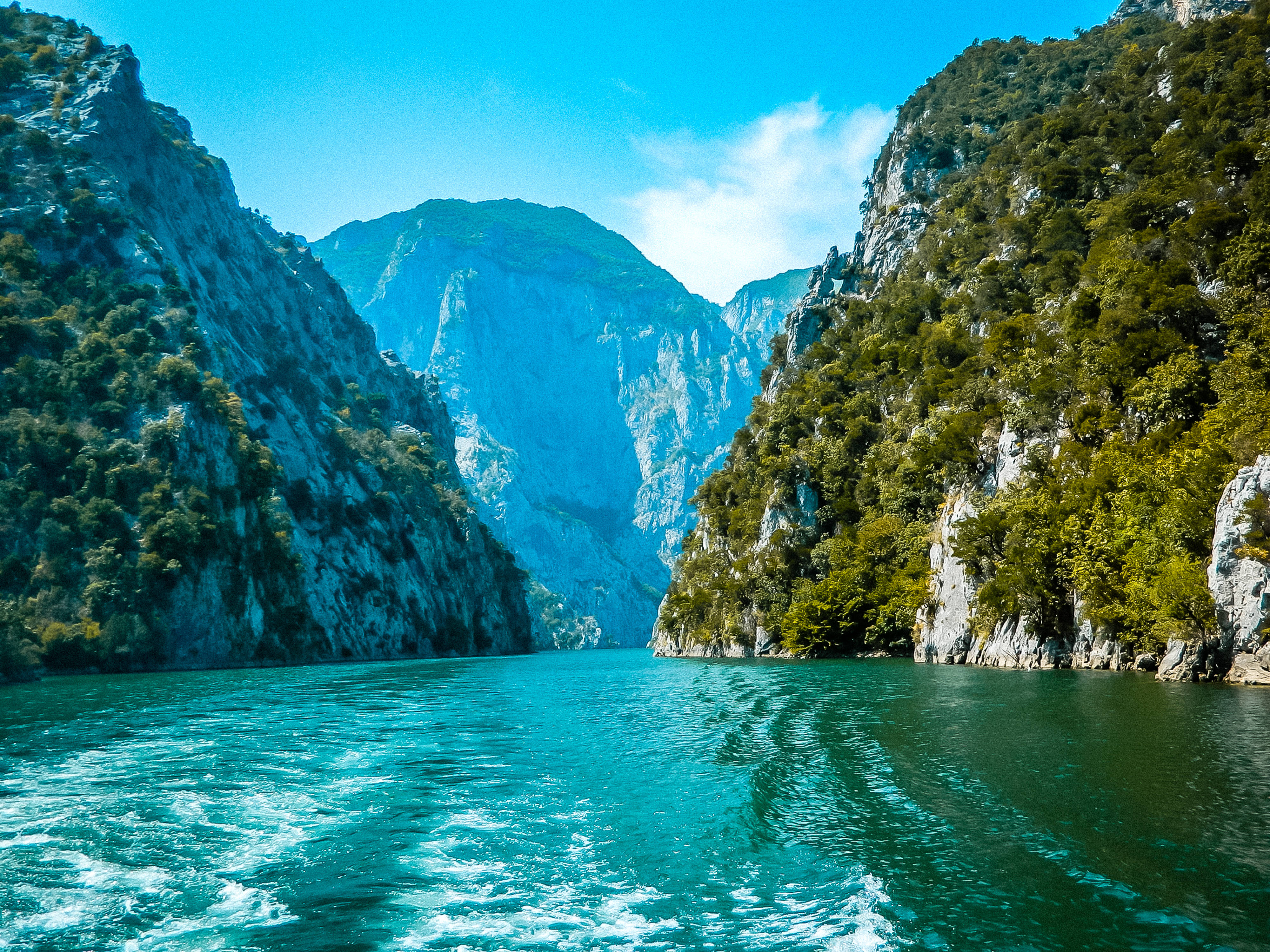 Albania 桌布 壁紙 — 一艘小船在明亮的藍天下，滑行於狹窄的藍綠色峽谷中，兩旁是陡峭的岩石懸崖，覆蓋著茂密的綠色植被。