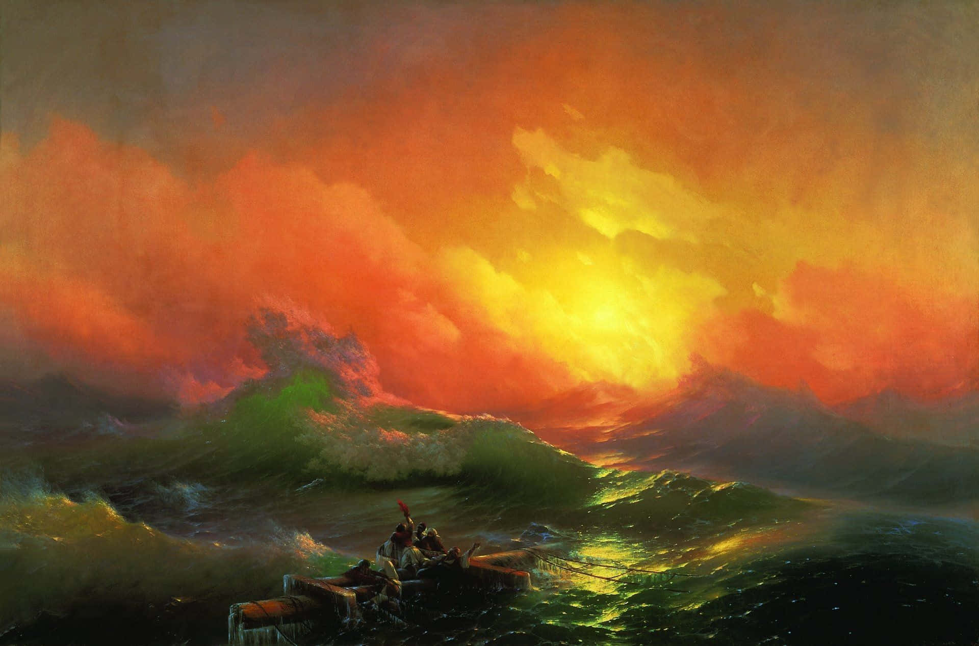 Oil Painting 桌布 壁紙 — 一艘小船在熾熱的橙黃色日落天空下與高聳的綠色波濤搏鬥。