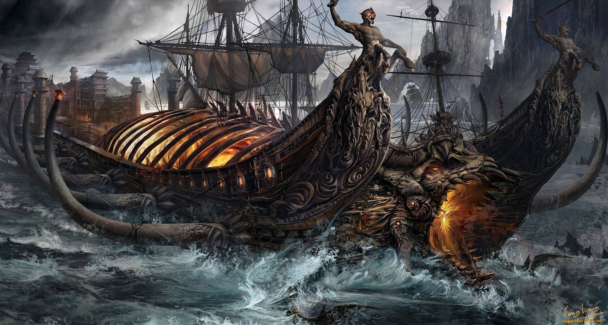 Ghost Ship 桌布 壁紙 — 一艘巨大、燃燒的龍頭船在暴風雨中戰鬥，戰士們在其華麗的船體上，靠近一座廢墟的海岸城市。