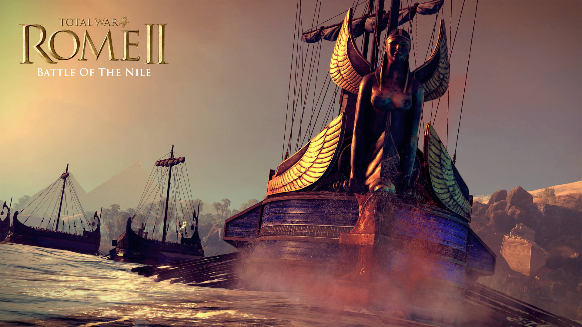 Total War 桌布 壁紙 — 一艘巨大的古埃及戰船，帶有翼獅身人面像船首像，在金色日落戰鬥中航行在尼羅河上。