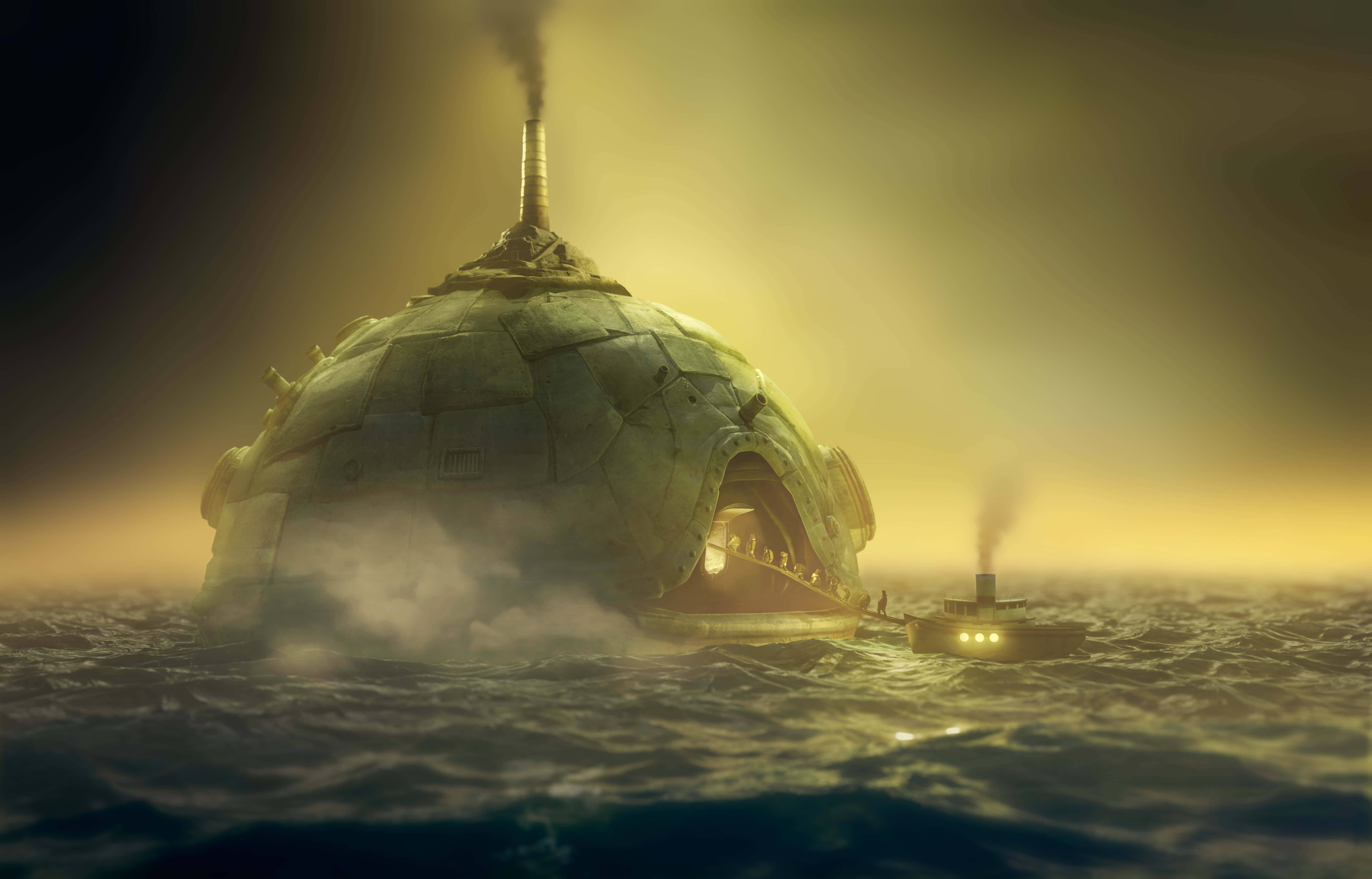 Little Nightmares 4K 桌布 壁紙 — 一艘巨大的圓頂形潛艇在霧氣瀰漫的金色水域中浮出水面，一艘小型拖船帶著發光的燈光靠近。