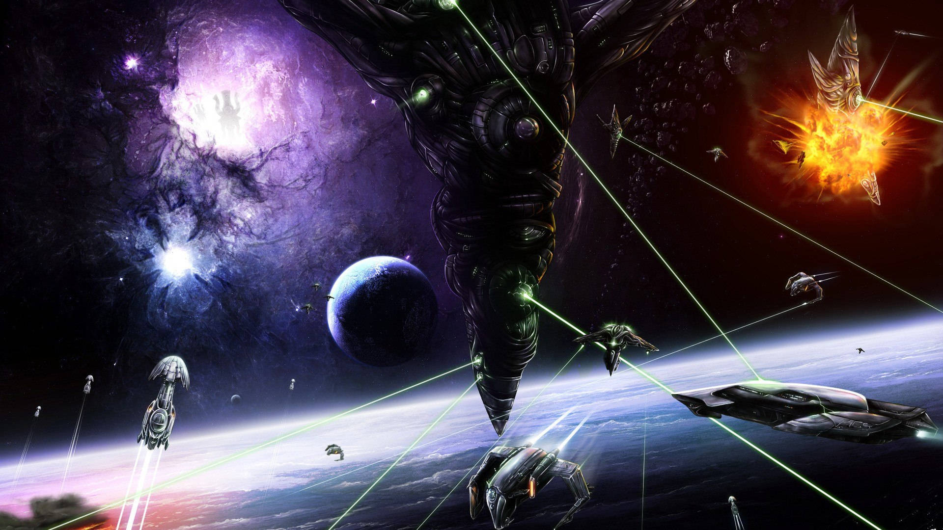 外太空 桌布 壁紙 — 一艘巨大的外星戰艦籠罩在一顆行星上空，雷射砲火在宇宙戰場上爆發。