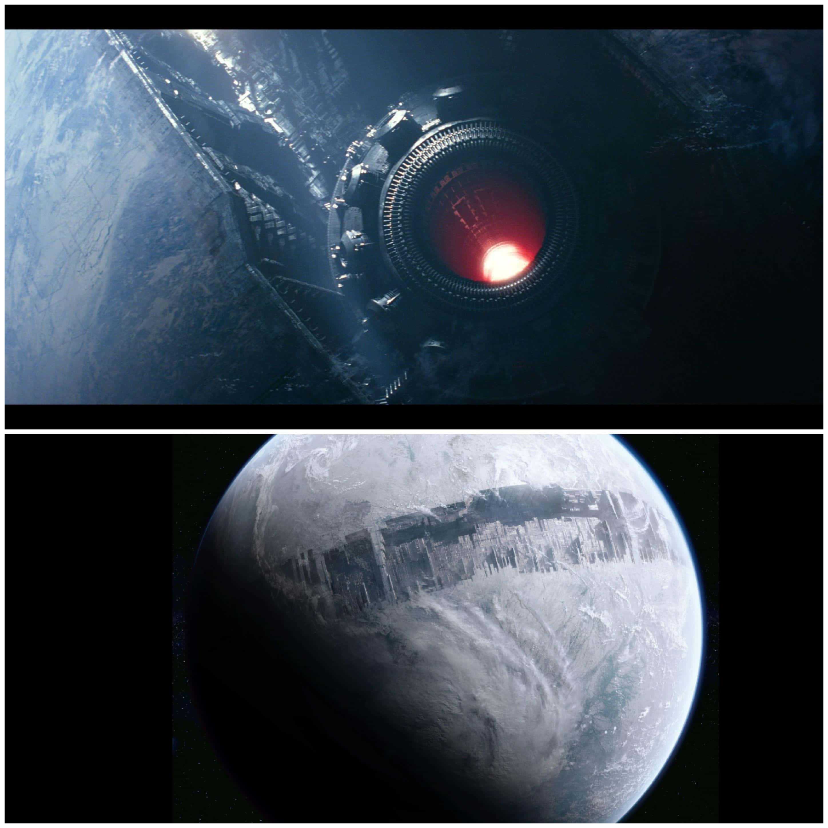 Starkiller Base 桌布 壁紙 — 一艘巨大的太空船，紅色引擎發光，懸浮在一個被雪覆蓋的行星上空，行星的冰凍表面嵌入了一座廣闊的未來城市。