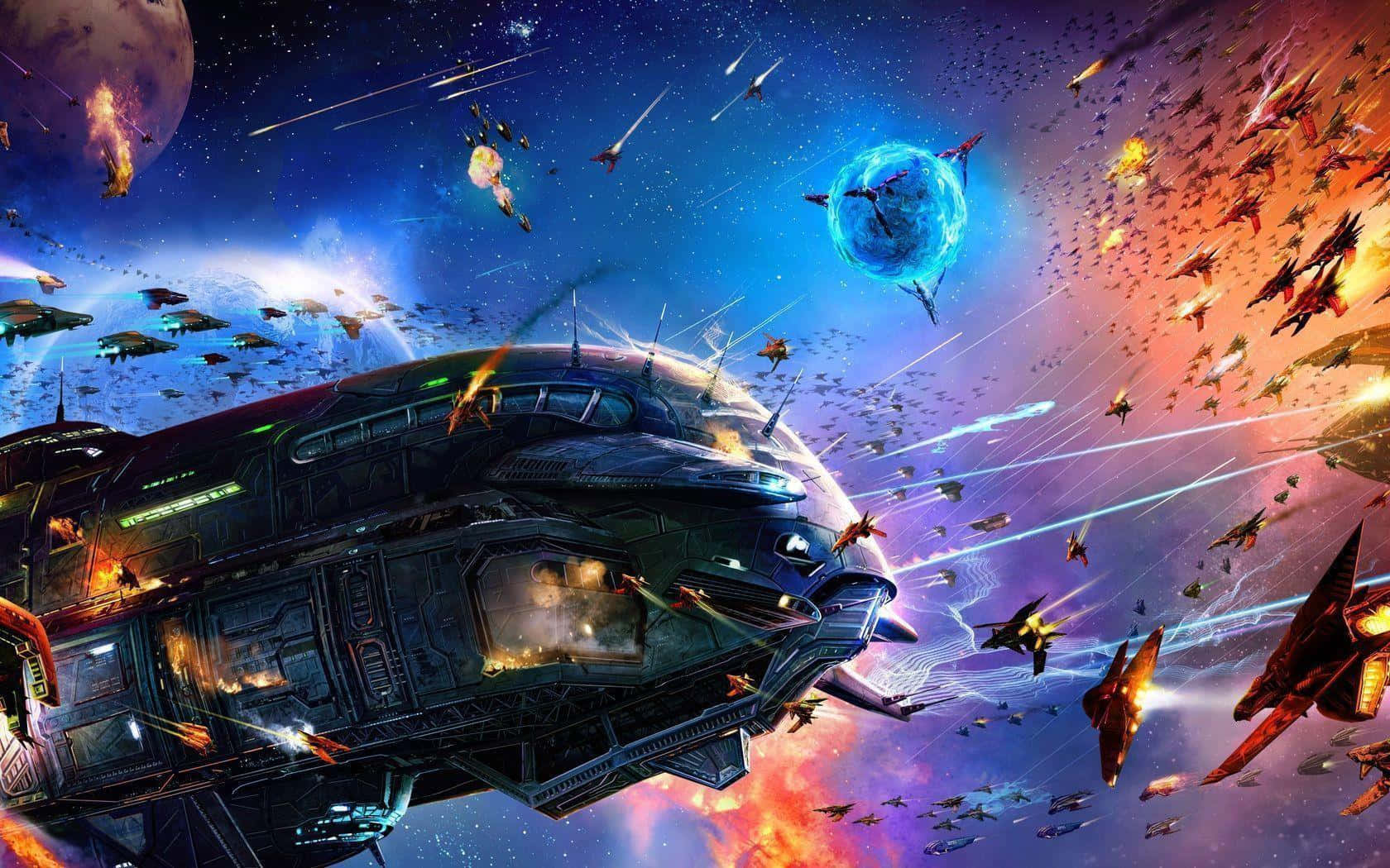 Spacecraft 桌布 壁紙 — 一艘巨大的太空船在充滿活力的宇宙戰場中戰鬥，周圍有發光的行星和劃過的雷射火線。