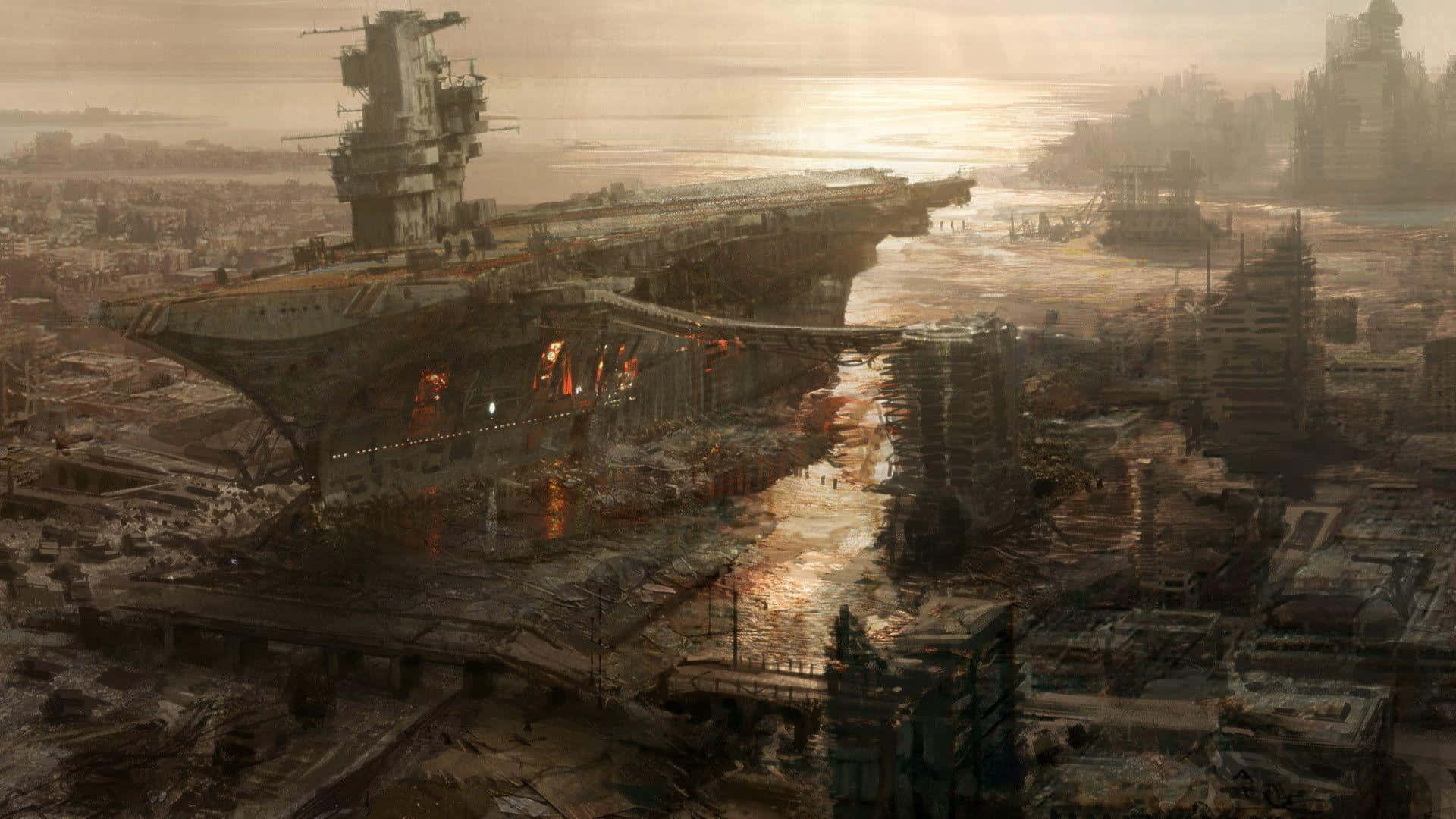 Fallout 4 桌布 壁紙 — 一艘巨大的廢棄航空母艦在日落時分停泊在廢墟城市景觀中，泥濘的水面反射著熾熱的火光。