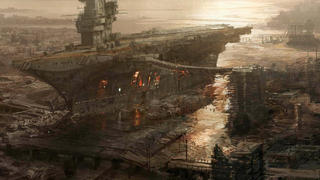 桌布 壁紙 — 一艘巨大的廢棄航空母艦在日落時分停泊在破敗的港口，將火紅的倒影投射在油膩的水面上。