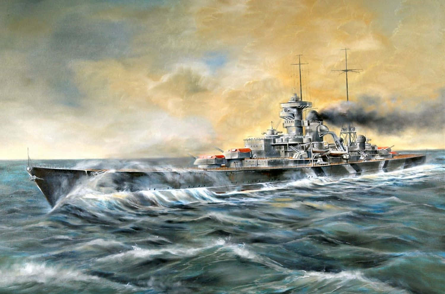 Battleship 桌布 壁紙 — 一艘巨大的戰艦在戲劇性的多雲天空下，穿越洶湧的海浪，煙囪冒著濃煙。
