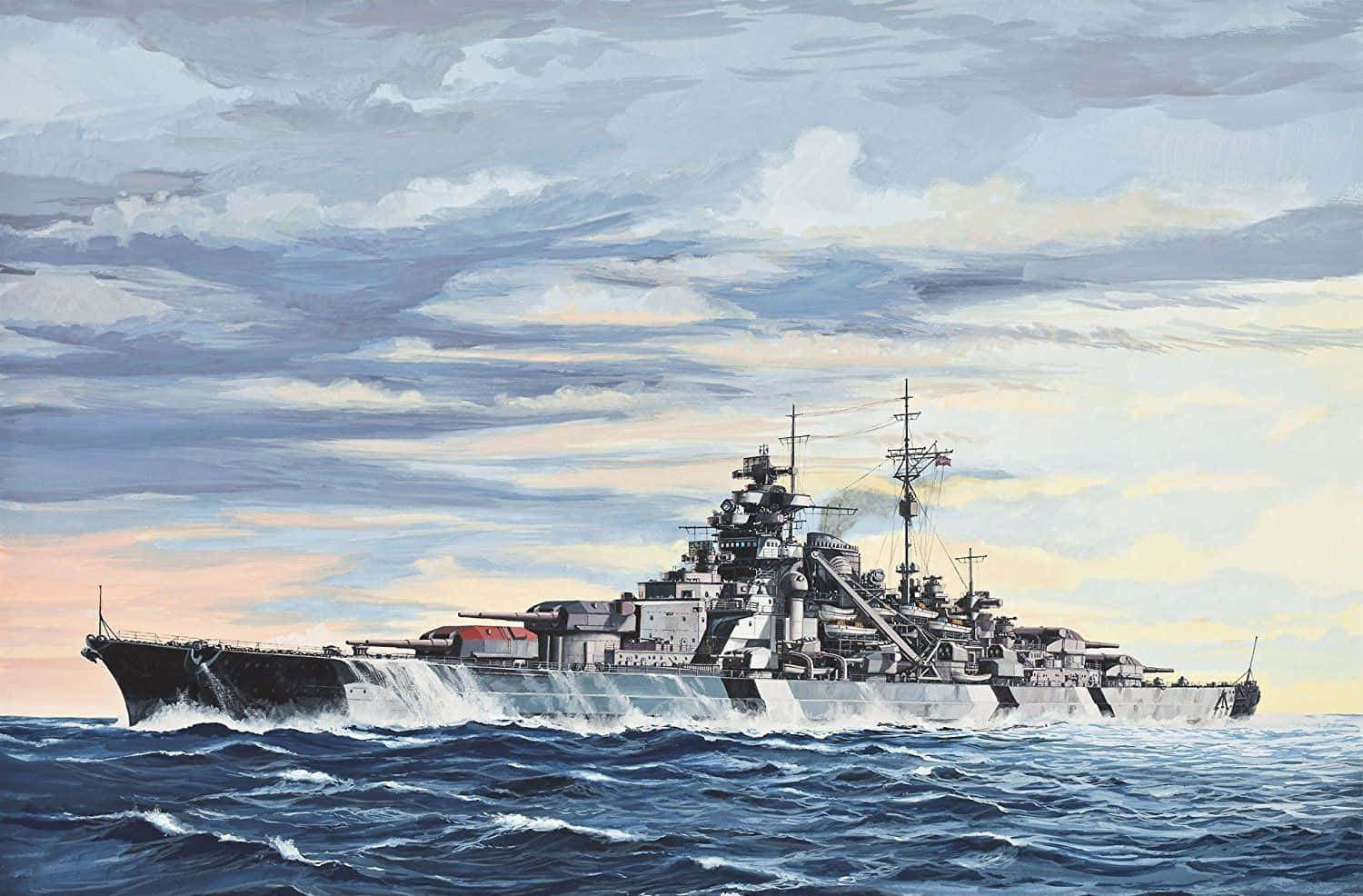 Battleship 桌布 壁紙 — 一艘巨大的戰艦在日落時分戲劇性的多雲天空下，劃過波濤洶湧的藍色海水。
