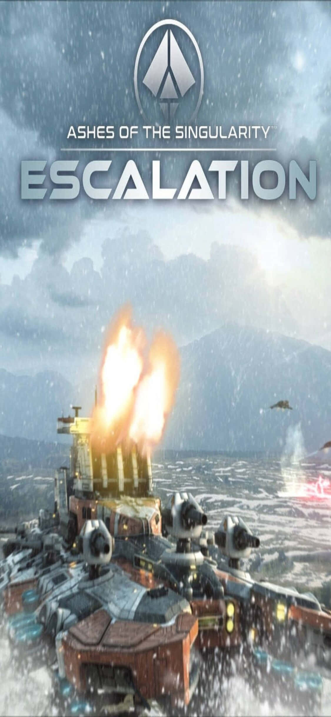 iPhone X Ashes Of The Singularity 桌布 壁紙 — 一艘巨大的戰艦在暴風雨天空下的雪地戰場中發射明亮的橙色大砲。