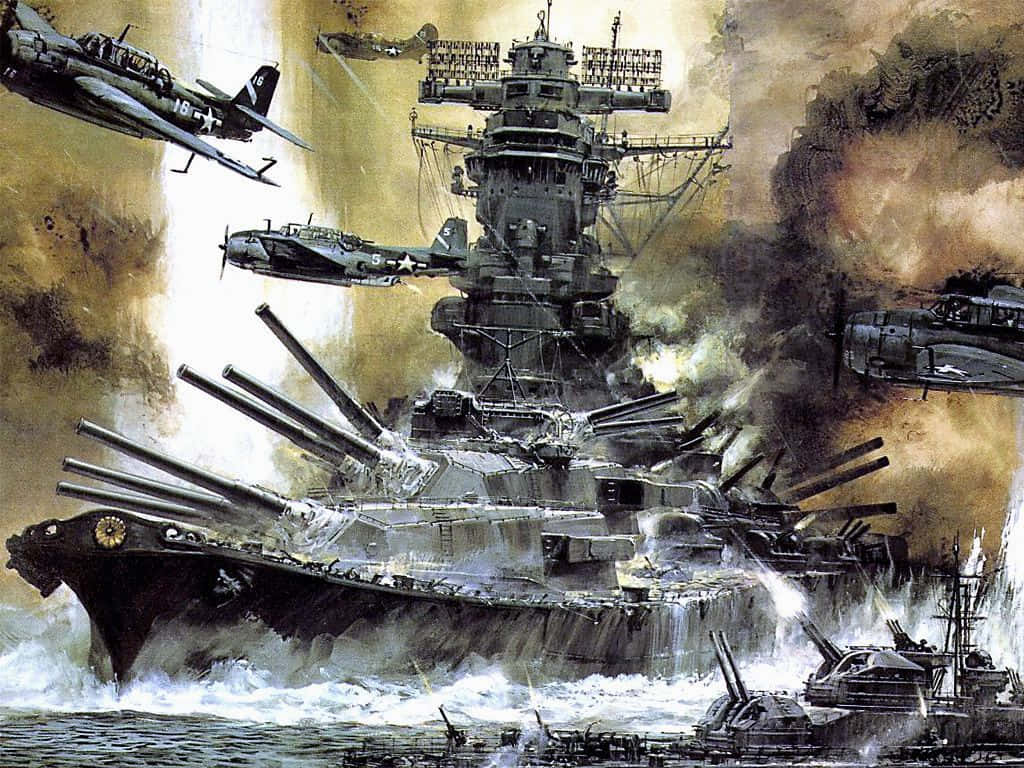 Battleship 桌布 壁紙 — 一艘巨大的戰艦在波濤洶湧的海面上開火，戰鬥機穿過煙霧和火焰俯衝。