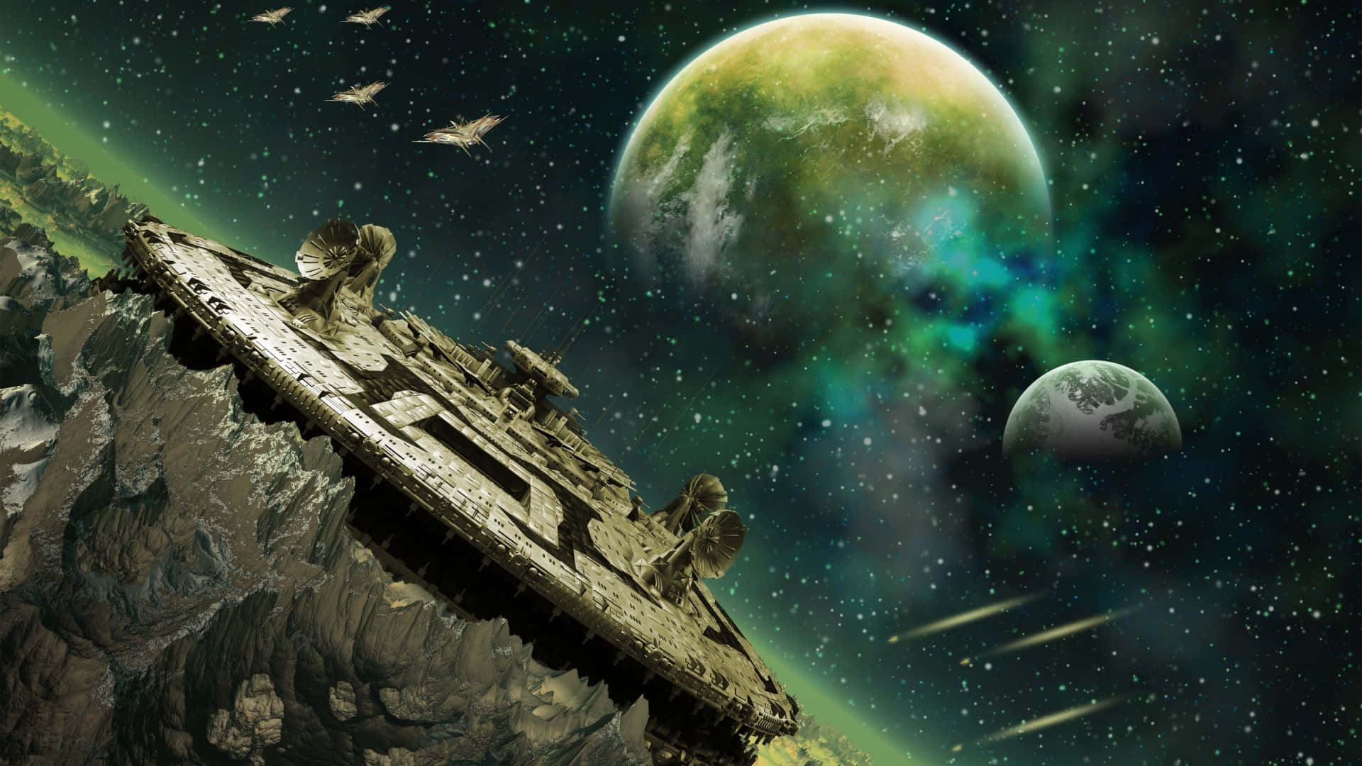 Scary Space 桌布 壁紙 — 一艘巨大的星艦停泊在岩石懸崖上，俯瞰著一顆充滿活力的綠色行星和一顆較小的衛星，背景是繁星點點的星雲天空。