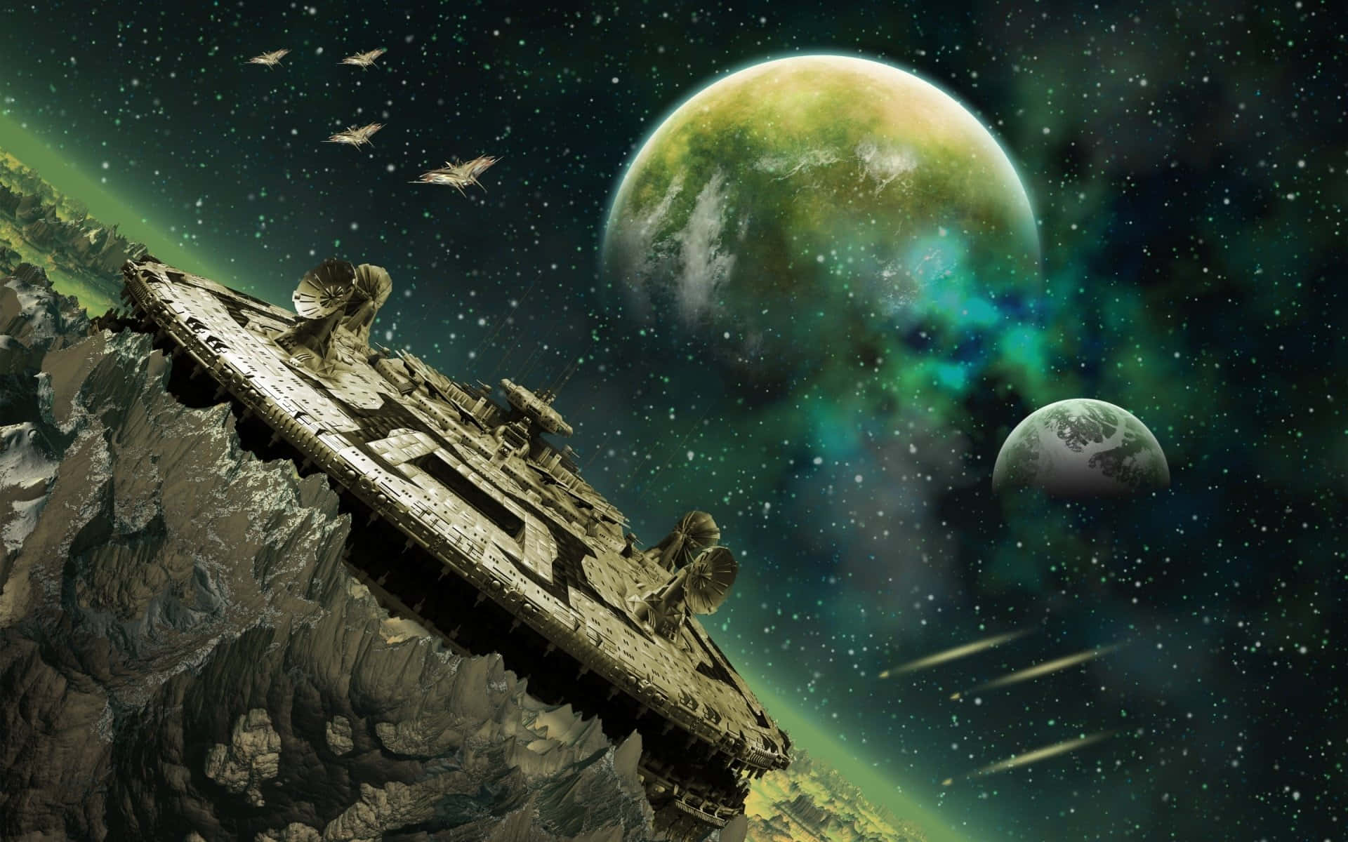 Space Station 桌布 壁紙 — 一艘巨大的星艦停泊在崎嶇的外星山峰上，星空中有兩顆發光的行星和劃過的流星。