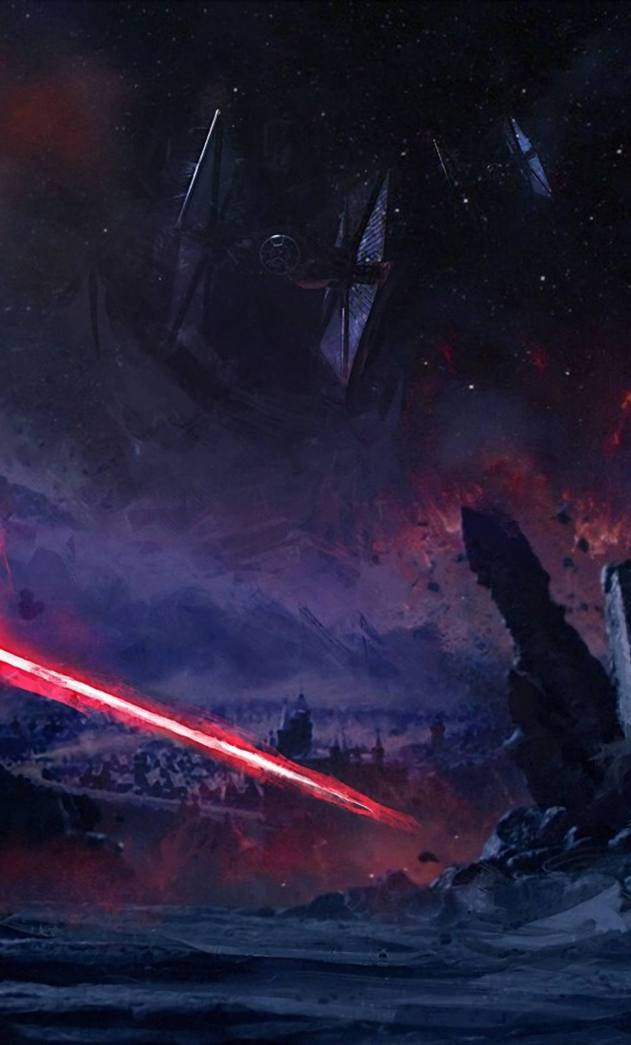 Star Wars iPad 桌布 壁紙 — 一艘巨大的星艦籠罩著一顆破碎的行星，一道紅色雷射光束劃過暴風雨般的紫色天空。