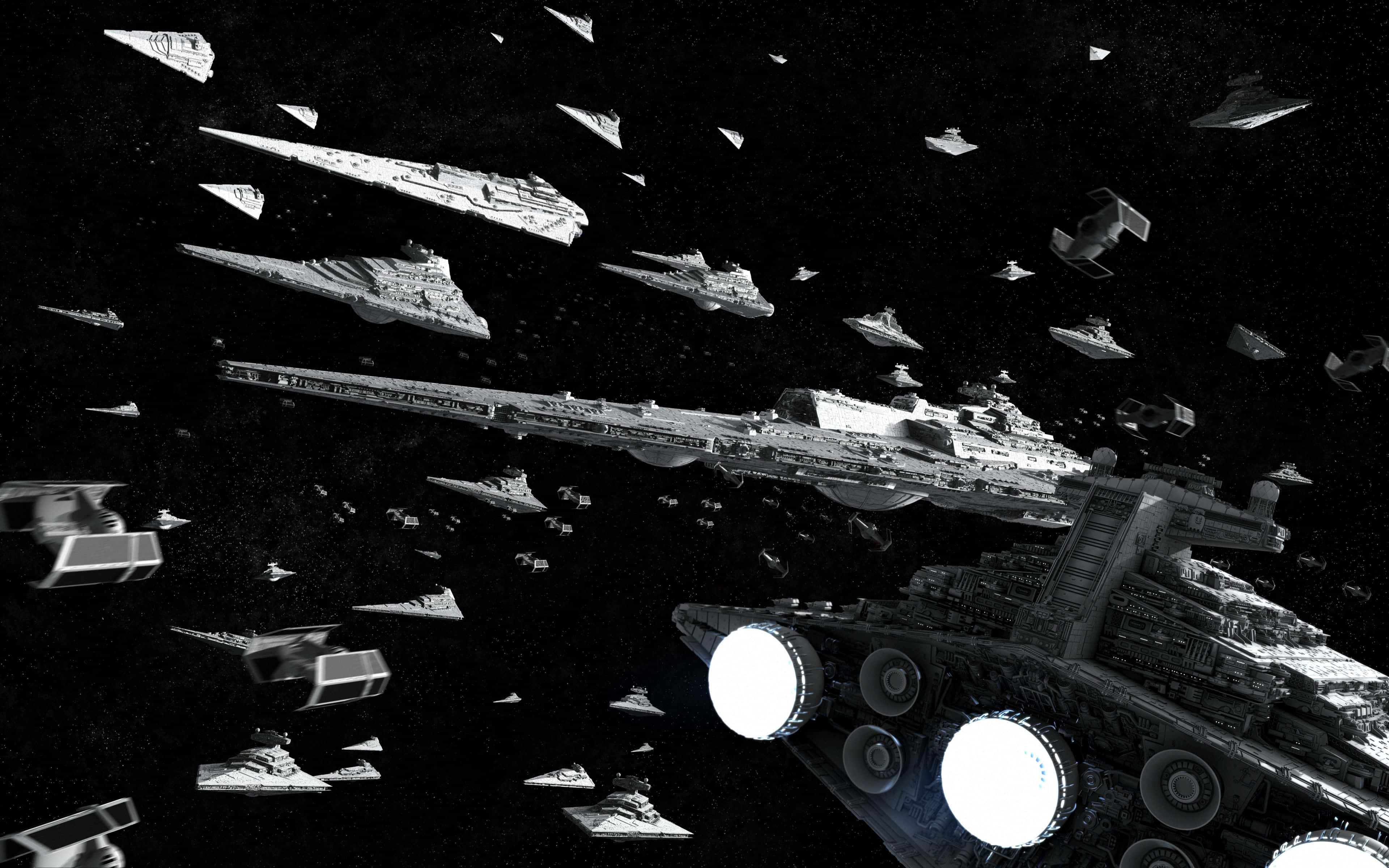 Black And White Aesthetic Pc 桌布 壁紙 — 一艘巨大的星際毀滅者帶領一支星際戰鬥機艦隊穿過充滿星空的虛空，以單色呈現。