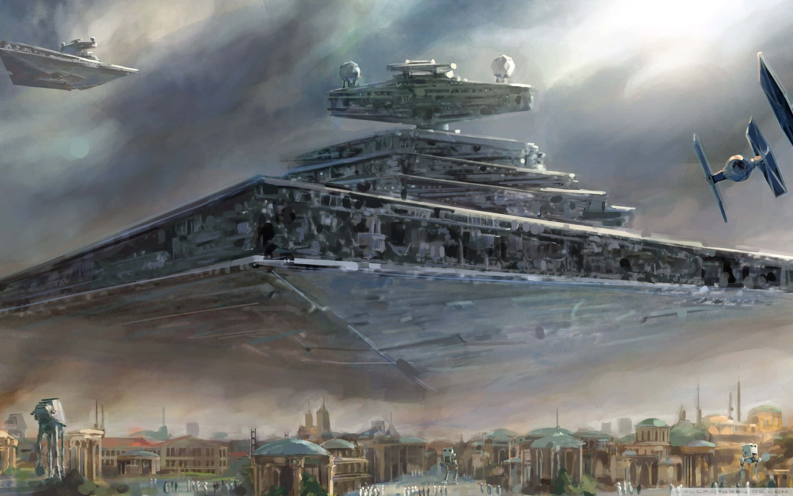Invasion 桌布 壁紙 — 一艘巨大的星際毀滅者戰艦籠罩著城市景觀，TIE戰鬥機和AT-AT步行者在暴風雨的天空下作戰。