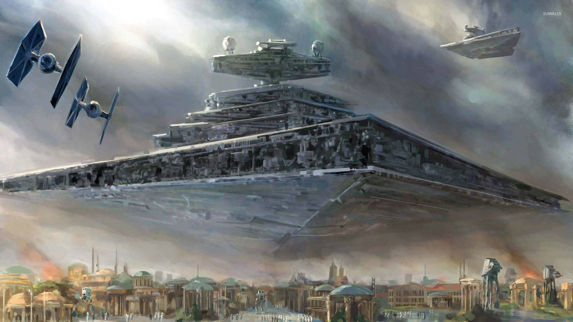 Naboo 桌布 壁紙 — 一艘巨大的星際毀滅者戰艦籠罩著城市景觀，TIE戰鬥機在暴風雨的天空下飛過。