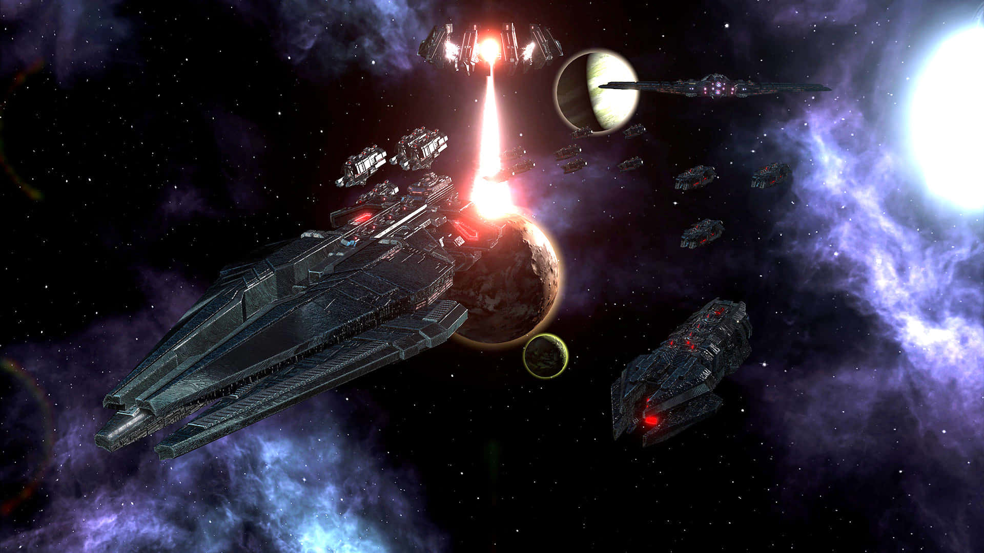 Star Wars Space 桌布 壁紙 — 一艘巨大的星際飛船在充滿活力的紫色星雲和漂浮的太空站中，向一顆行星發射明亮的紅色光束。