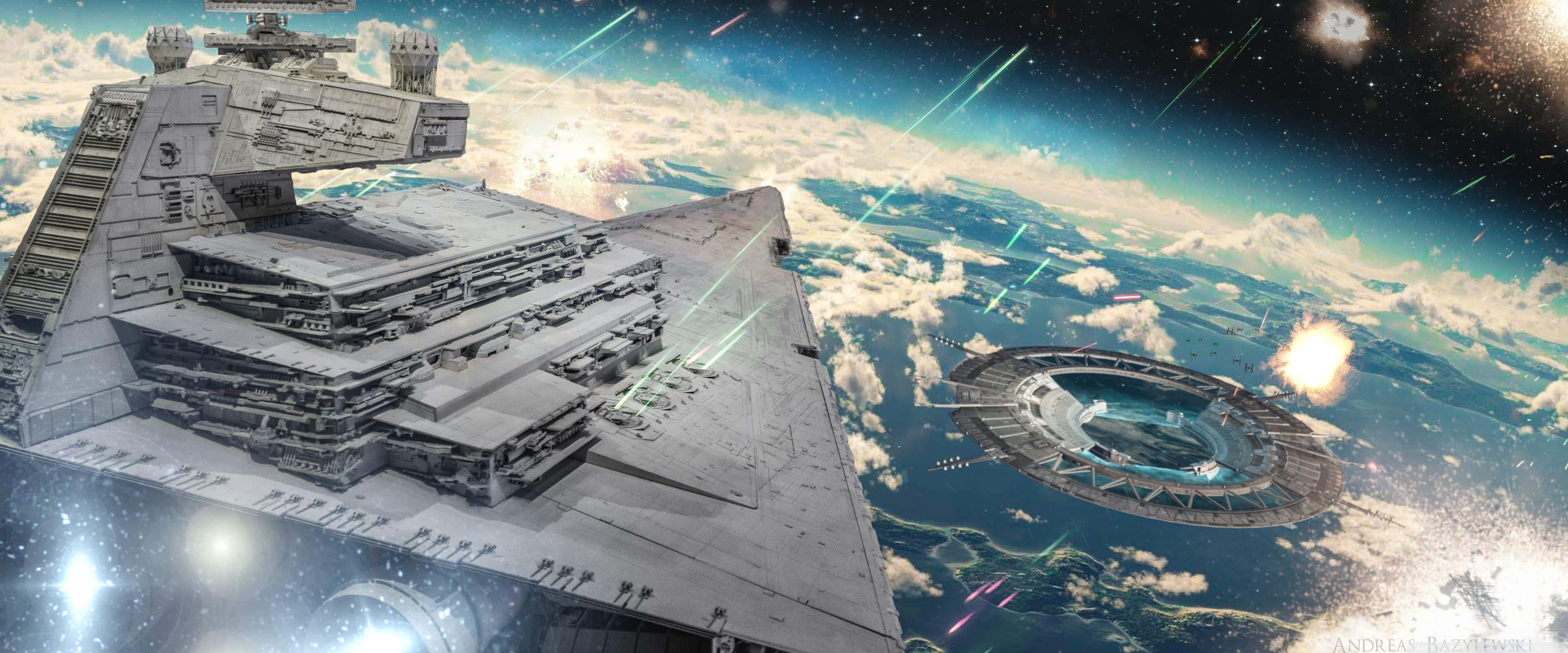 Apple 3840x1600 桌布 壁紙 — 一艘巨大的星際驅逐艦籠罩在一顆行星上空，雷射火線在銀河戰役中劃過天際。