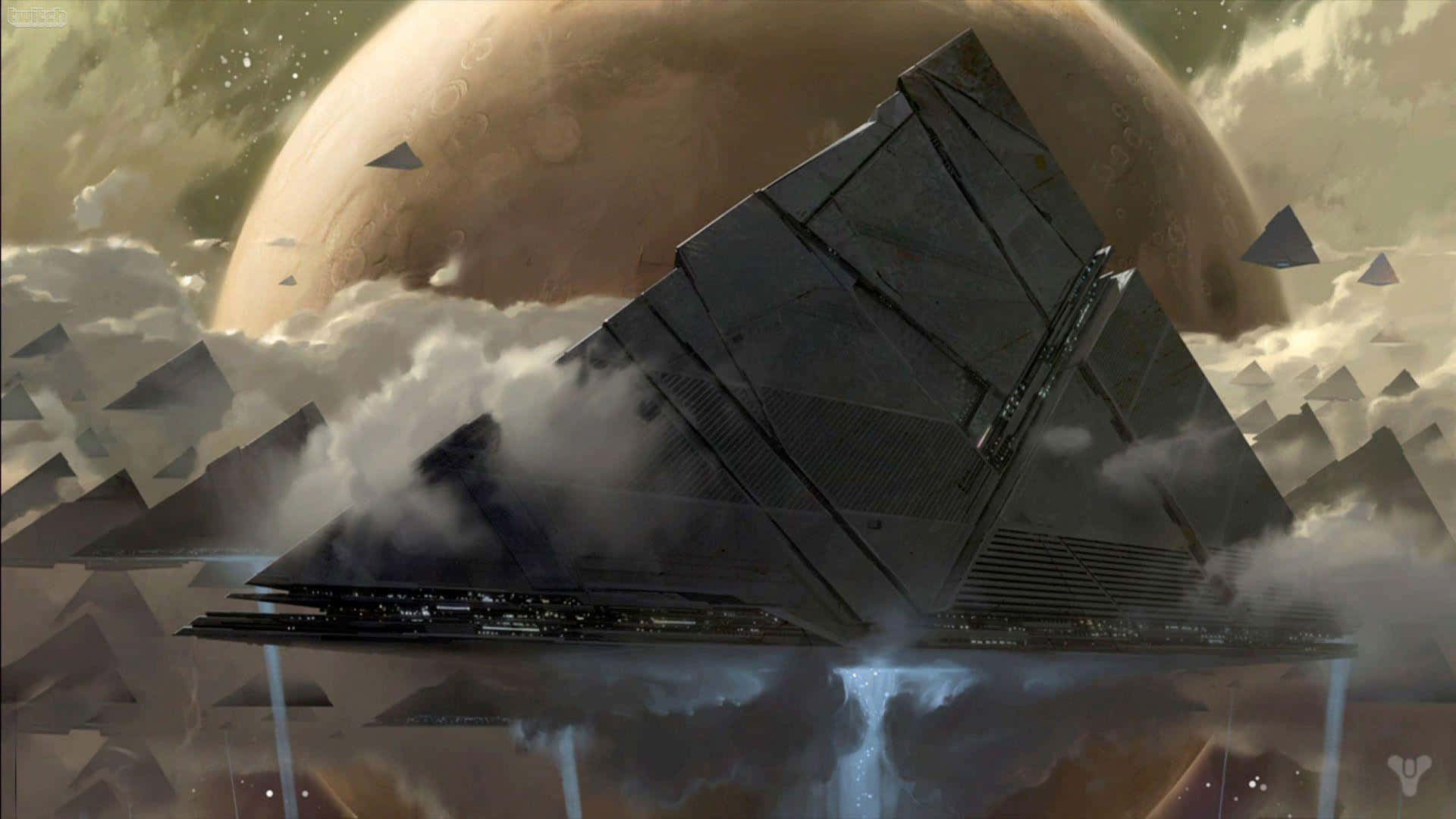 Best Destiny 2 桌布 壁紙 — 一艘巨大的有角太空船從雲層中出現，背景是一顆巨大的橙色行星，構成戲劇性的科幻場景。
