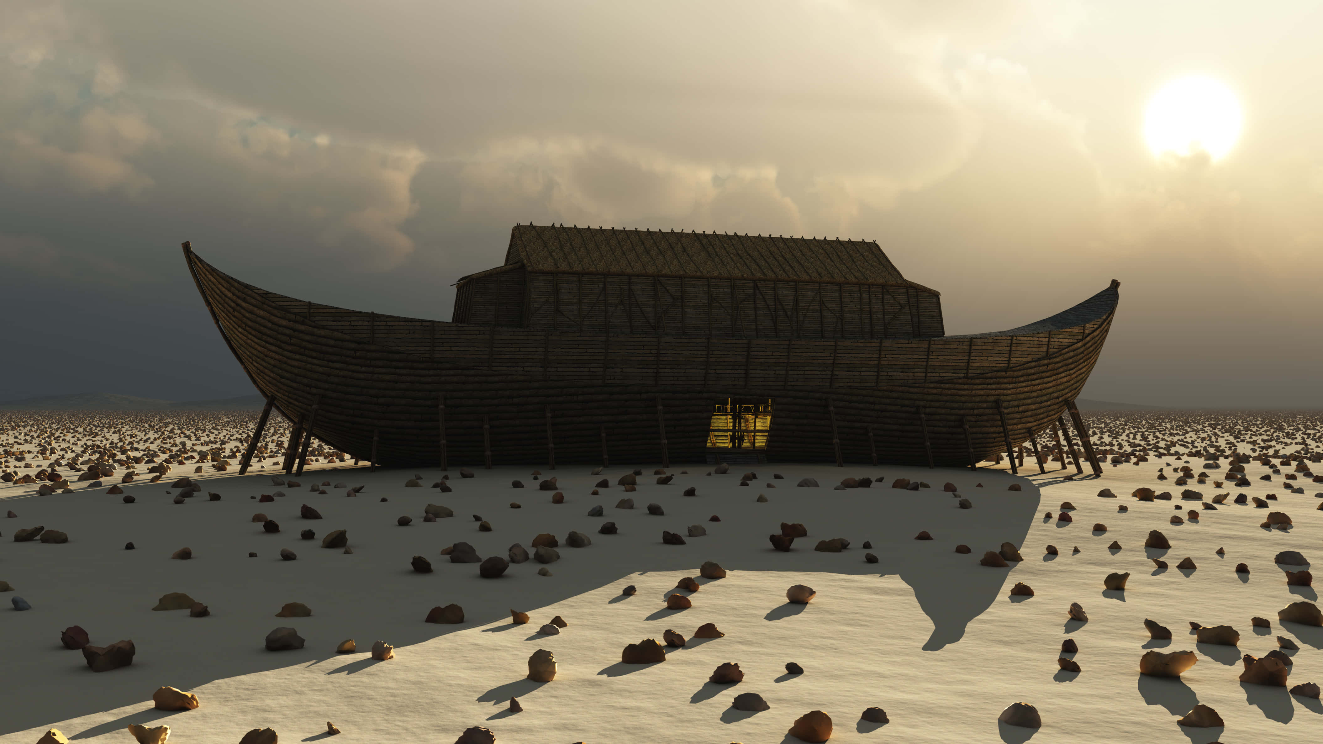 Noah's Ark 桌布 壁紙 — 一艘巨大的木製方舟停泊在岩石沙漠平原上，背景是壯麗的日落天空，太陽明亮。