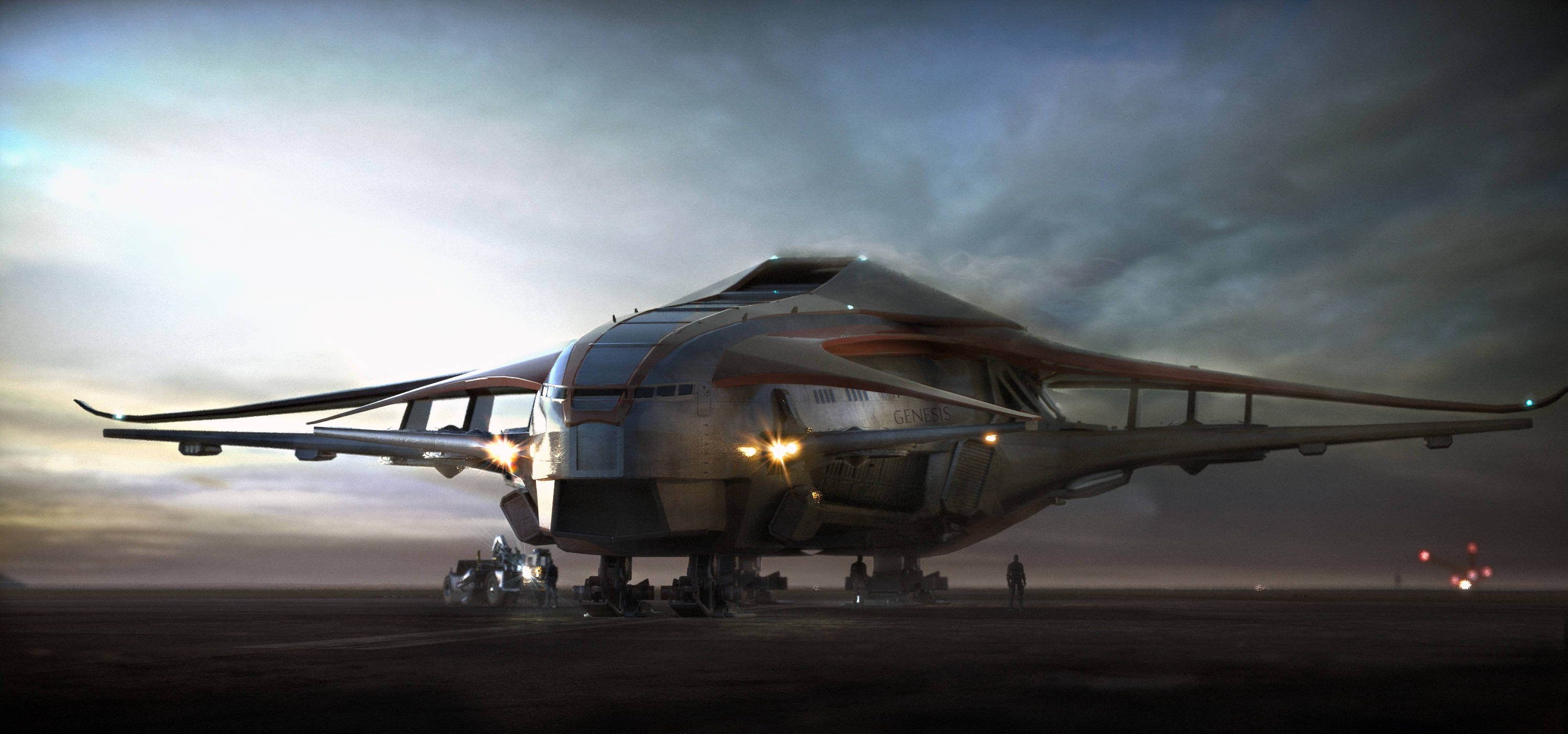 Spacex Starship 桌布 壁紙 — 一艘巨大的未來主義太空船，帶有發光的燈光，停泊在荒蕪的沙漠跑道上，背景是風暴暮色天空。