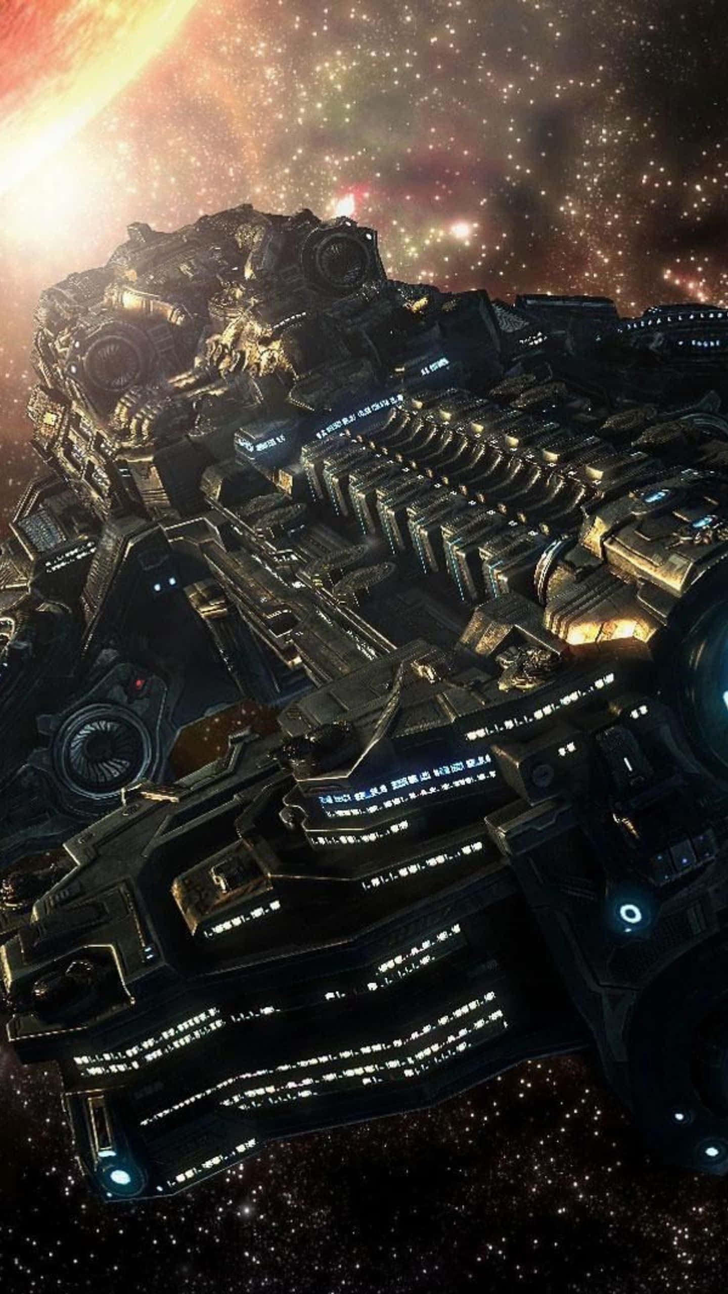 Android Starcraft Ii 桌布 壁紙 — 一艘巨大的未來主義太空船，帶有發光的藍色燈光，在發光行星附近的星場中漂流。