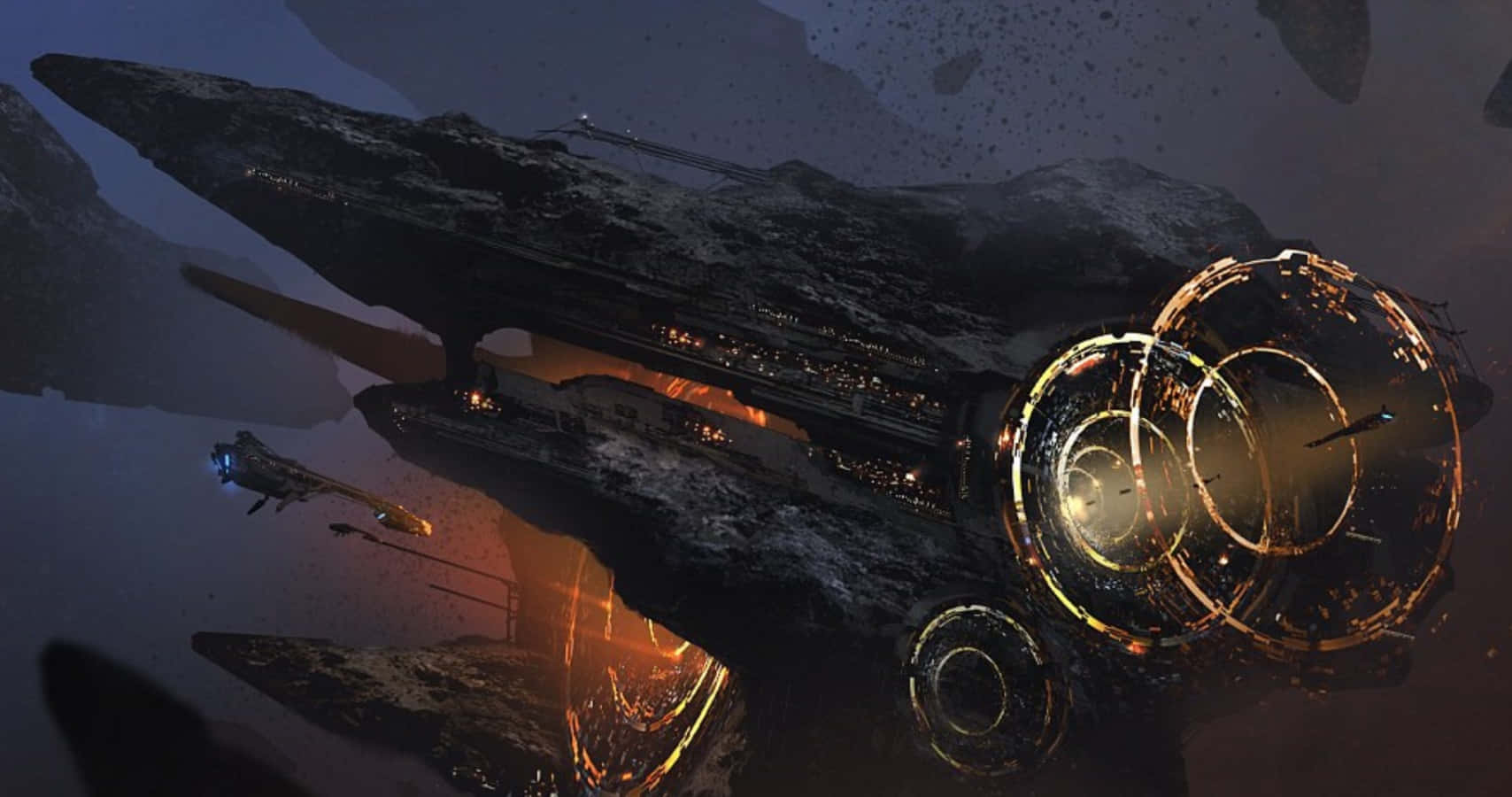 Space Mining 桌布 壁紙 — 一艘巨大的未來主義太空船，帶有發光的橙色引擎，在昏暗的天空下盤旋在岩石外星景觀之上。