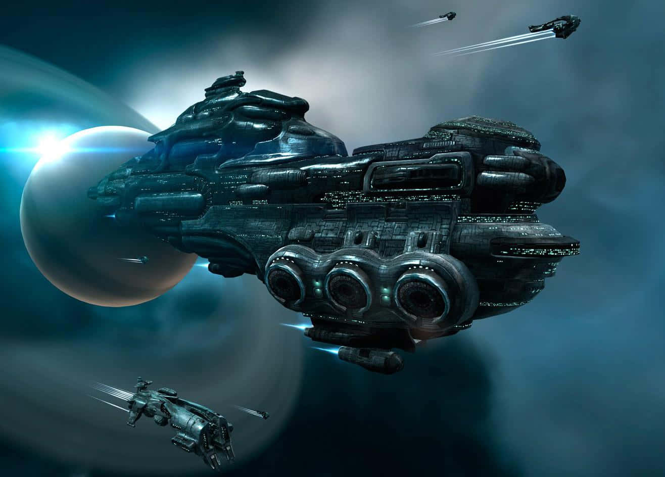 Spacecraft 桌布 壁紙 — 一艘巨大的未來主義太空船，帶有發光的引擎，飛過一顆發光的行星，較小的戰鬥機在深空中尾隨其後。