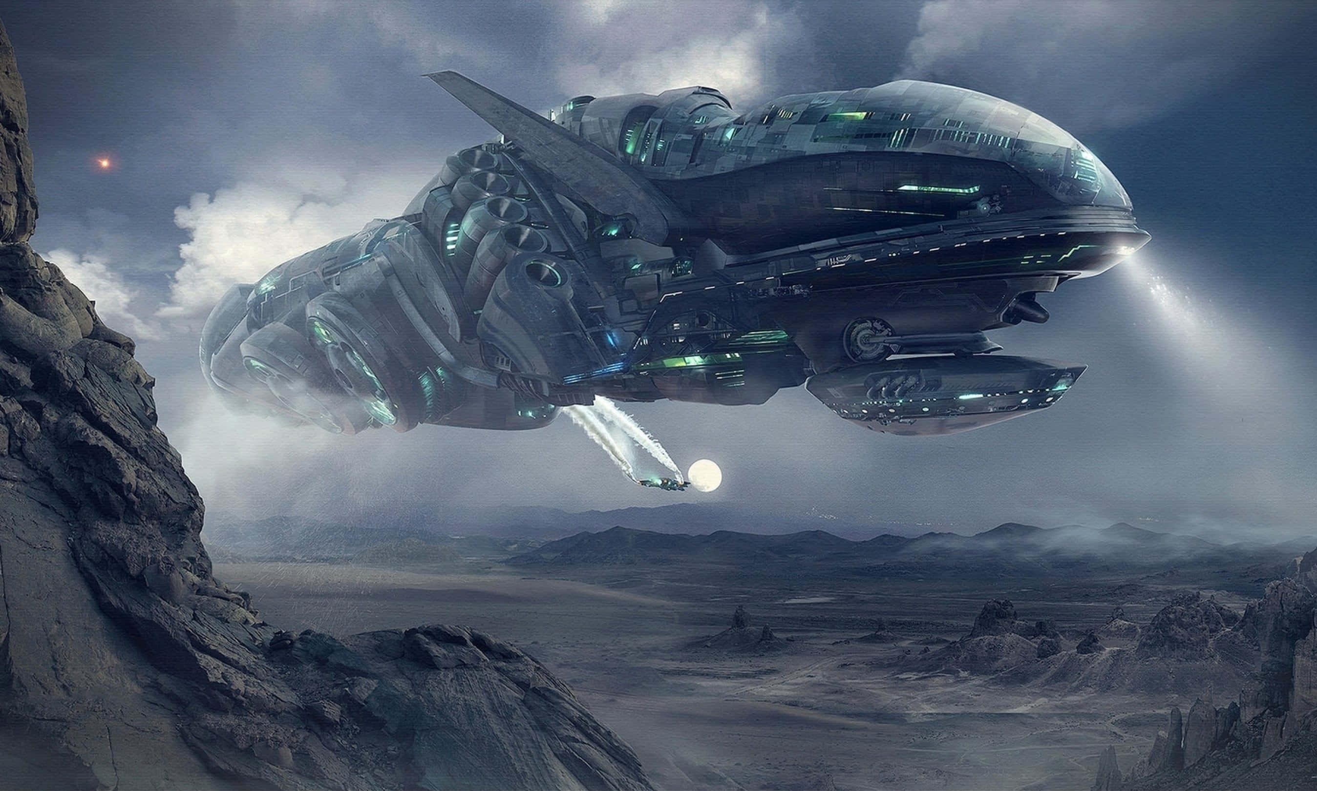Spacecraft 桌布 壁紙 — 一艘巨大的未來主義太空船，帶有發光的藍色燈光，在暴風雨的天空下盤旋在荒涼的岩石行星上空。