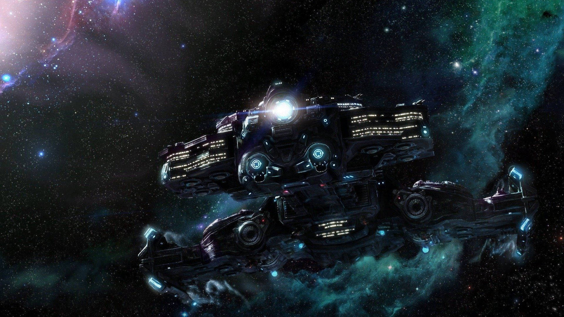 Starcraft 桌布 壁紙 — 一艘巨大的未來主義太空船發出藍光，航行在充滿星光的生動宇宙星雲中。