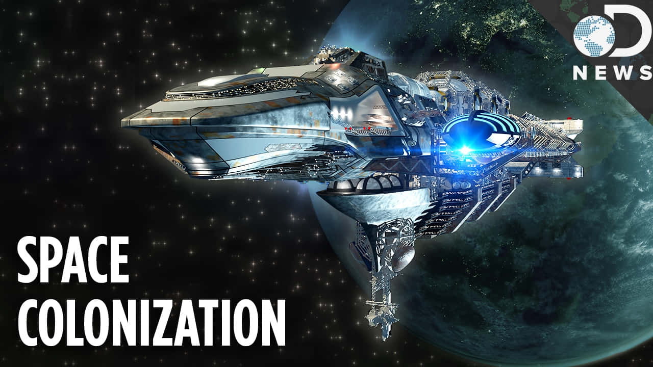 Space Colonization 桌布 壁紙 — 一艘巨大的未來太空船，帶有發光的藍色引擎，在星空中繞著一顆綠色行星運行。