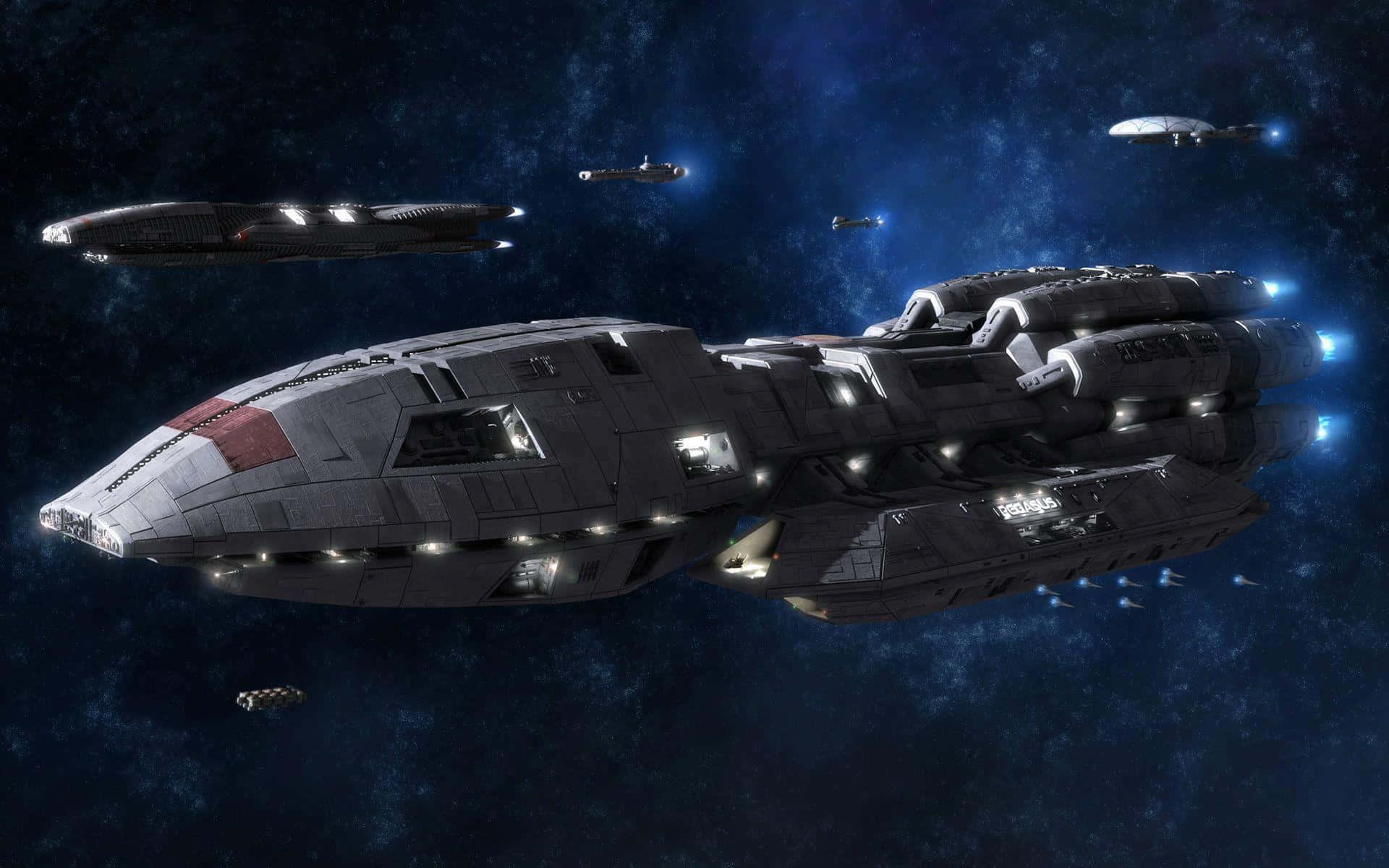 battlestar galactica 桌布 壁紙 — 一艘巨大的未來太空船，配備發光藍色引擎，在佈滿星空的宇宙虛空中航行，附近有較小的飛船。
