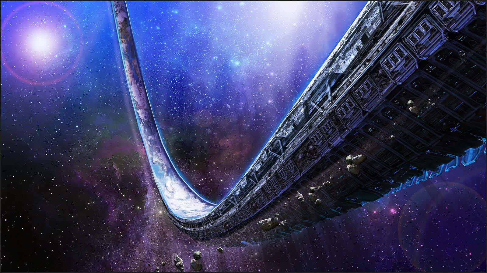 1600x900 桌布 壁紙 — 一艘巨大的未來太空船在充滿活力的宇宙星雲中彎曲飛行，星雲中有發光的星星和燦爛的太陽。