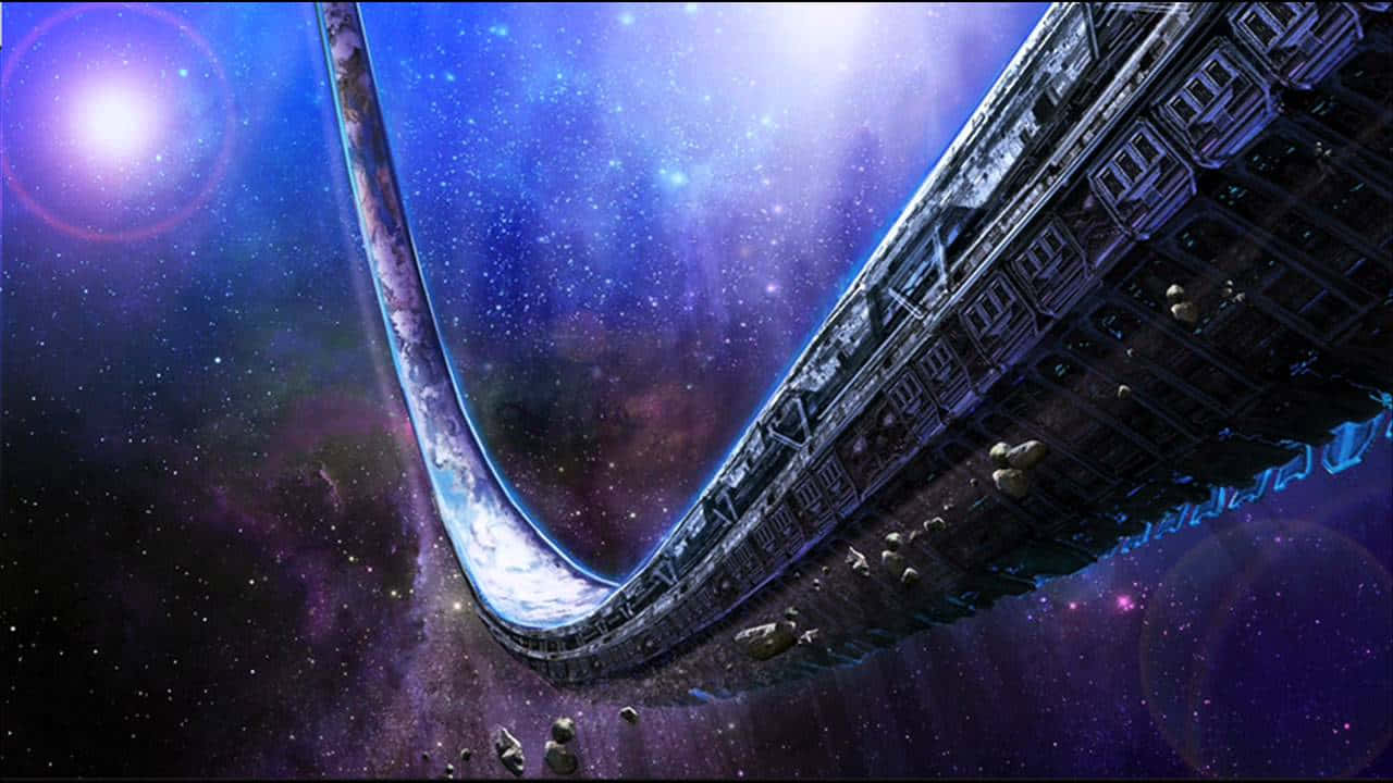 Halo Ring 桌布 壁紙 — 一艘巨大的未來太空船在充滿活力的紫色和藍色星雲中彎曲飛行，遠方有一顆發光的星星。