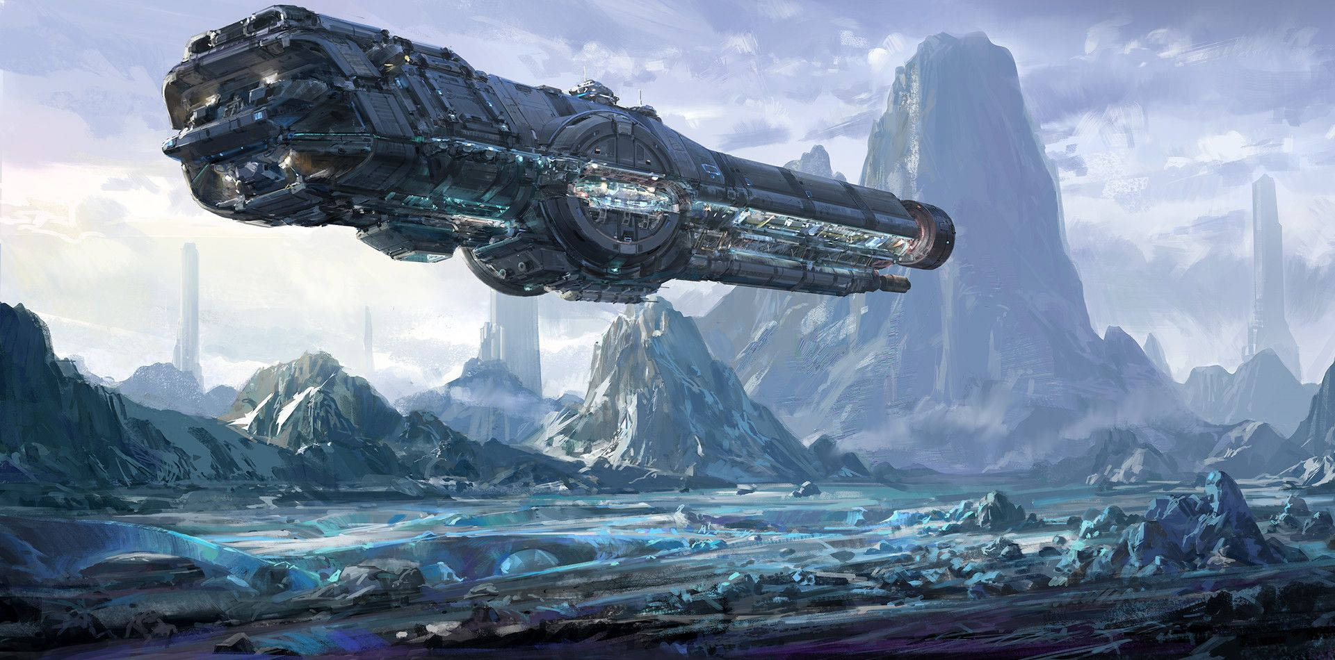 Spaceship 桌布 壁紙 — 一艘巨大的未來太空船在冰凍的外星景觀上空滑翔，景觀中有鋸齒狀的冰山和發光的藍色河流，天空多雲。