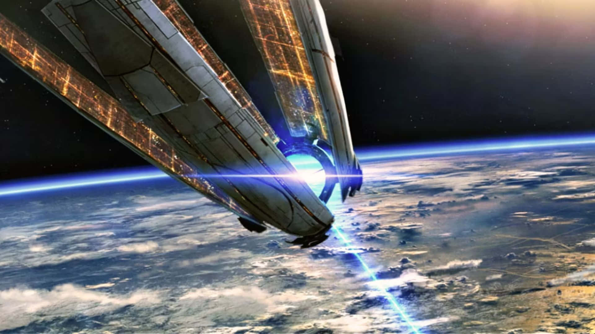 Mass Effect Citadel 桌布 壁紙 — 一艘巨大的未來太空船在地球彎曲的地平線上滑行，藍色發光引擎在身後留下痕跡。
