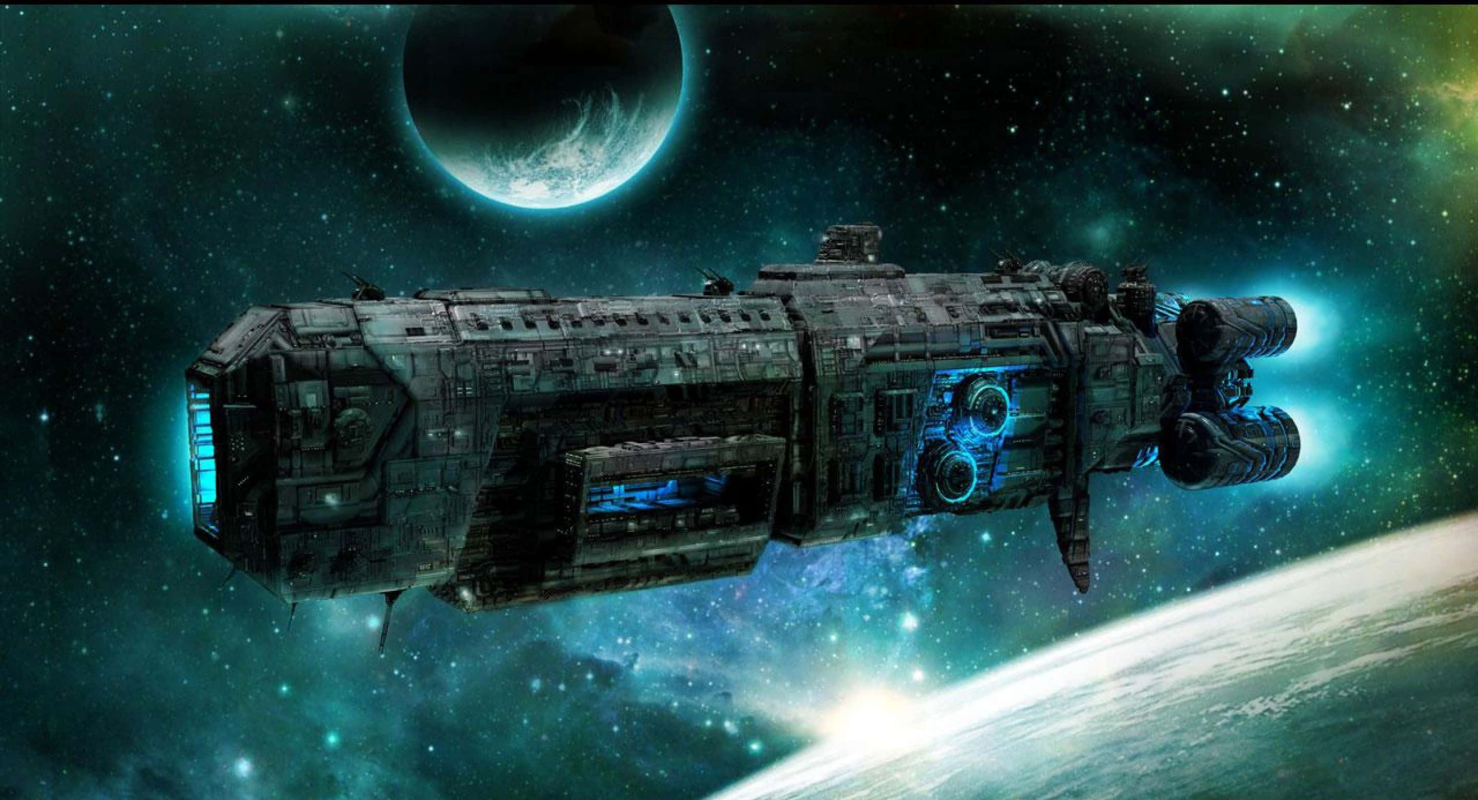 Spacecraft 桌布 壁紙 — 一艘巨大的未來太空船在星空滑行，藍色發光引擎靠近行星和月球。