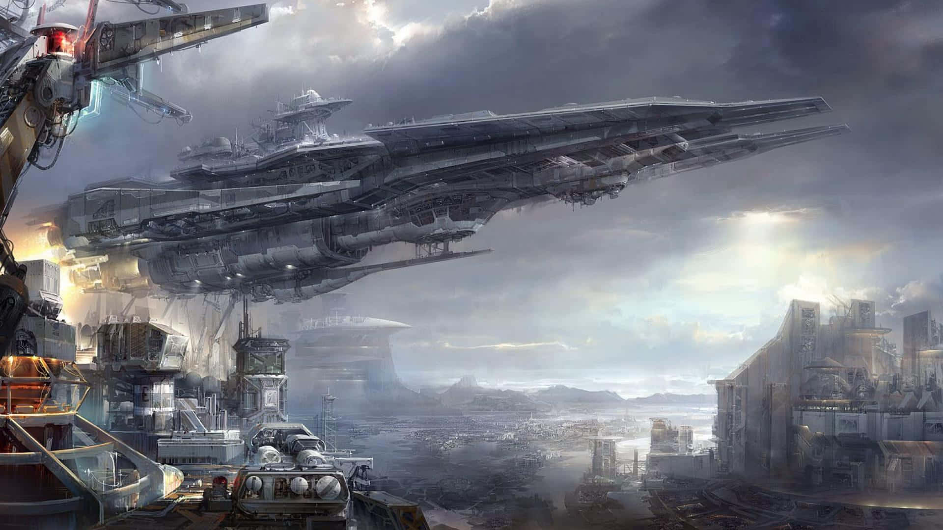 Spacecraft 桌布 壁紙 — 一艘巨大的未來太空船在暴風雨的天空下籠罩著一個衰敗的工業城市景觀。