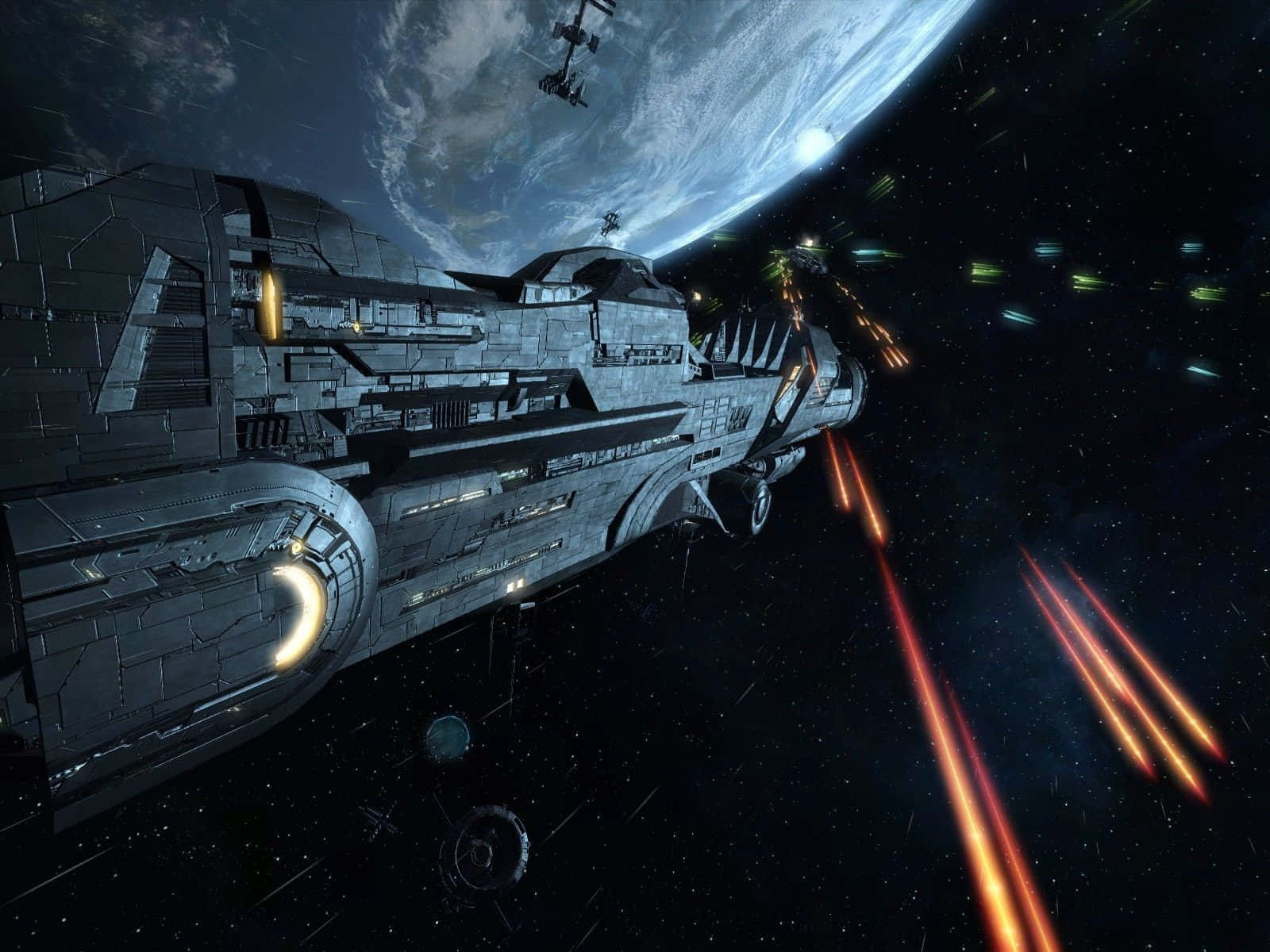 Halo Battle 桌布 壁紙 — 一艘巨大的未來太空船在深空中，靠近一個帶有漩渦雲層的藍色行星，發射發光的橙色雷射。