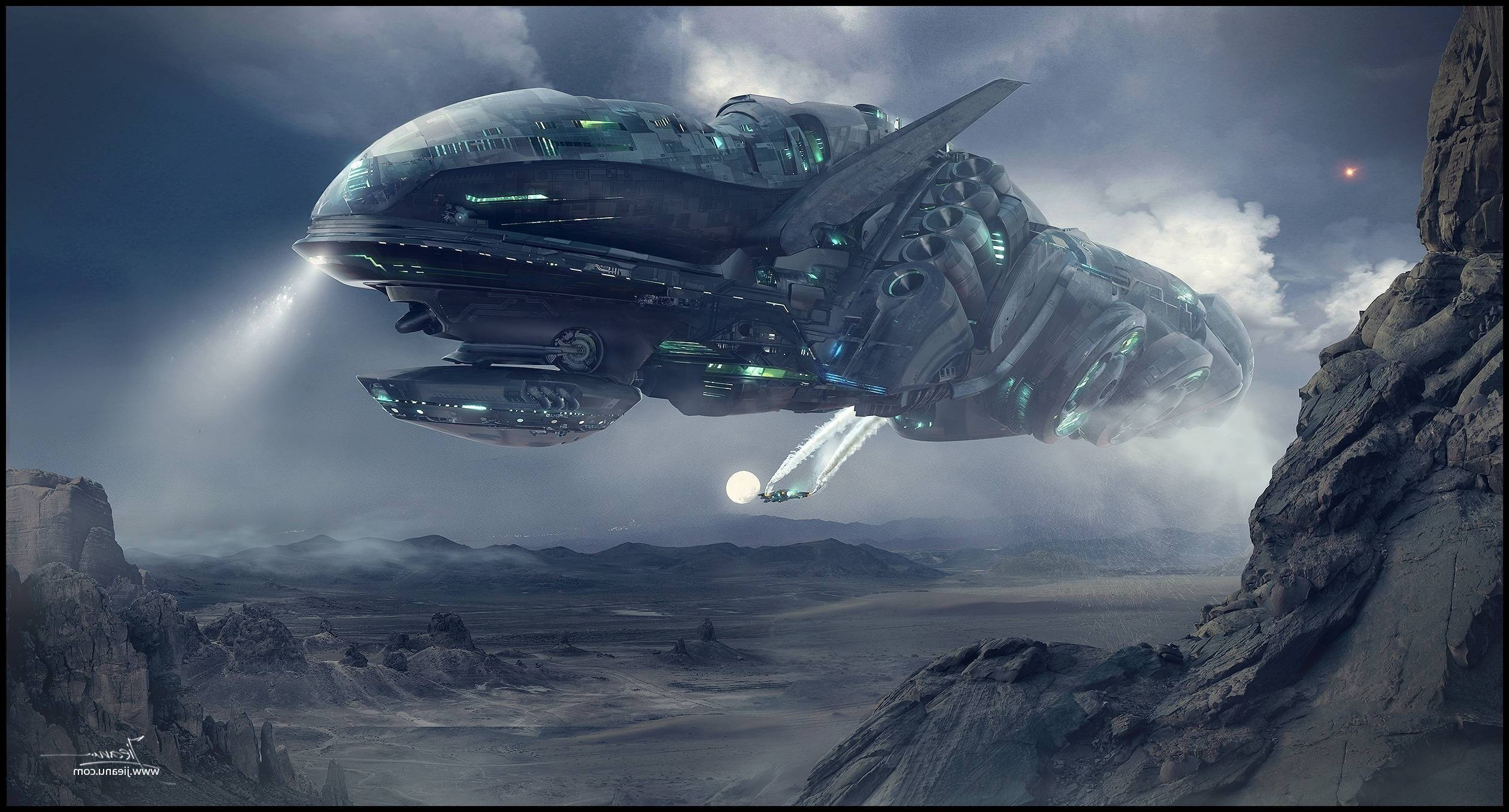 Spaceship 桌布 壁紙 — 一艘巨大的未來太空船在荒涼的岩石峽谷上空，在暴風雨的暮色天空下滑行。