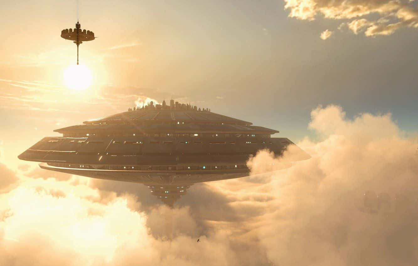 Bespin 桌布 壁紙 — 一艘巨大的未來太空船在蓬鬆的雲層上方滑行，太陽在它後面升起，灑下金色的光芒。