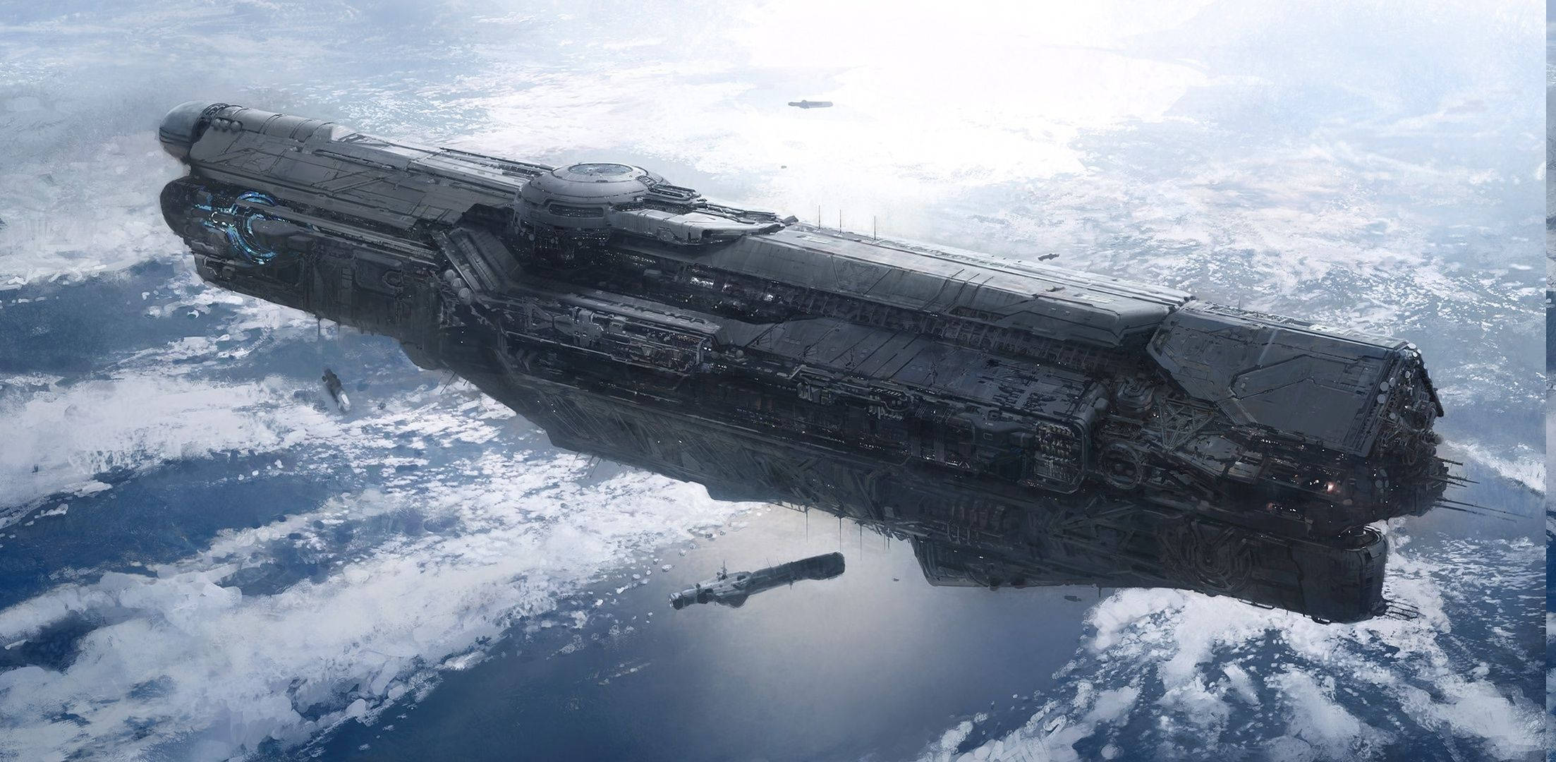 Halo Infinite 4K 桌布 壁紙 — 一艘巨大的未來太空船從太空滑翔在地球旋轉的藍色海洋和白色雲層之上。