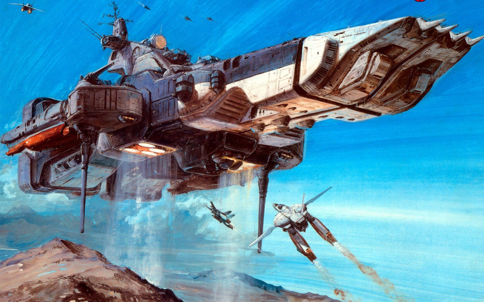 Macross 桌布 壁紙 — 一艘巨大的未來太空船盤旋在沙漠景觀上空，而較小的戰鬥機在明亮的藍天中疾馳。
