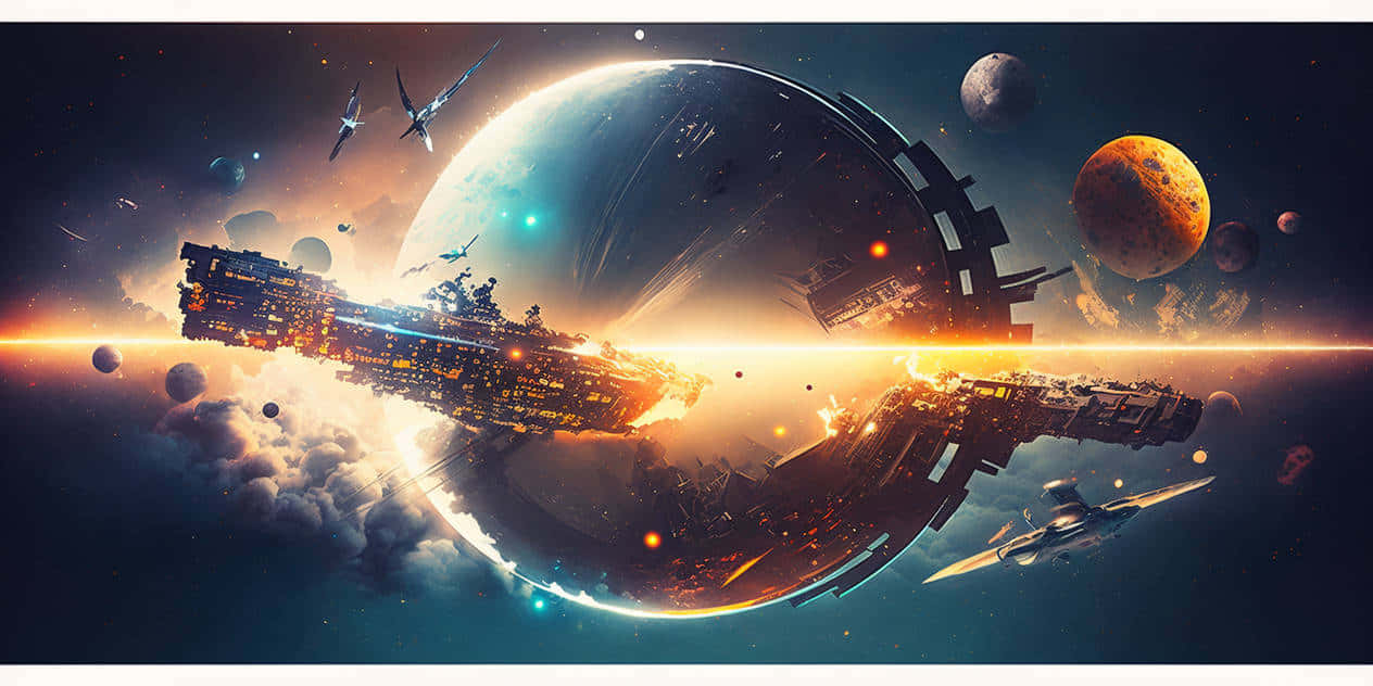 Space Colonization 桌布 壁紙 — 一艘巨大的未來太空船繞著一顆發光的行星運行，較小的飛船飛過色彩繽紛的外星世界。
