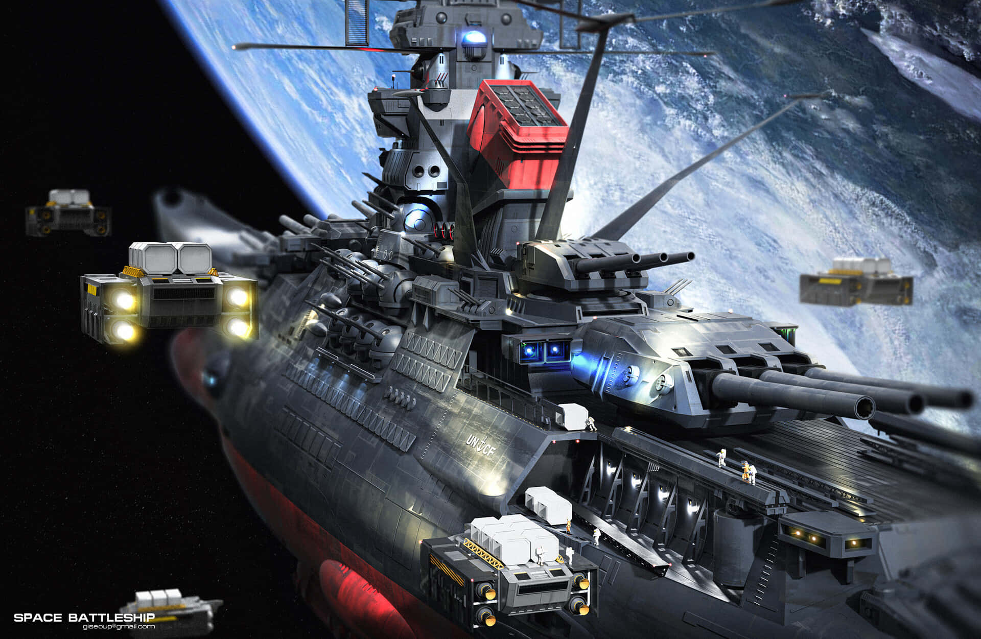 Space Battleship Yamato 桌布 壁紙 — 一艘巨大的未來戰艦，帶有發光的燈光和砲塔，在太空中隱現，背景是彎曲的藍白行星。