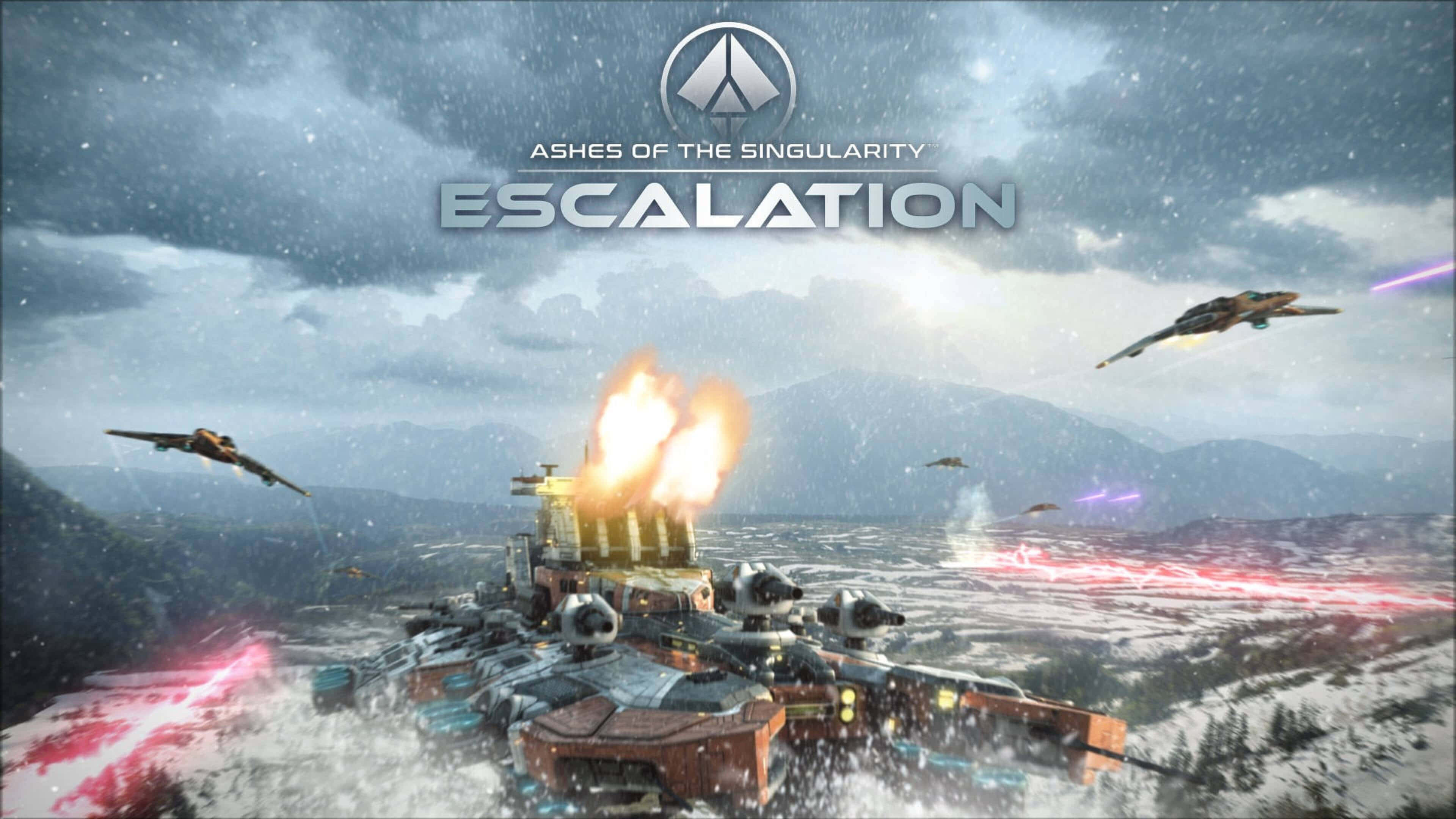 4K Ashes Of The Singularity Escalation 桌布 壁紙 — 一艘巨大的未來戰艦在降雪中發射明亮的橙色大炮，戰鬥機在風暴山區戰場上劃過。