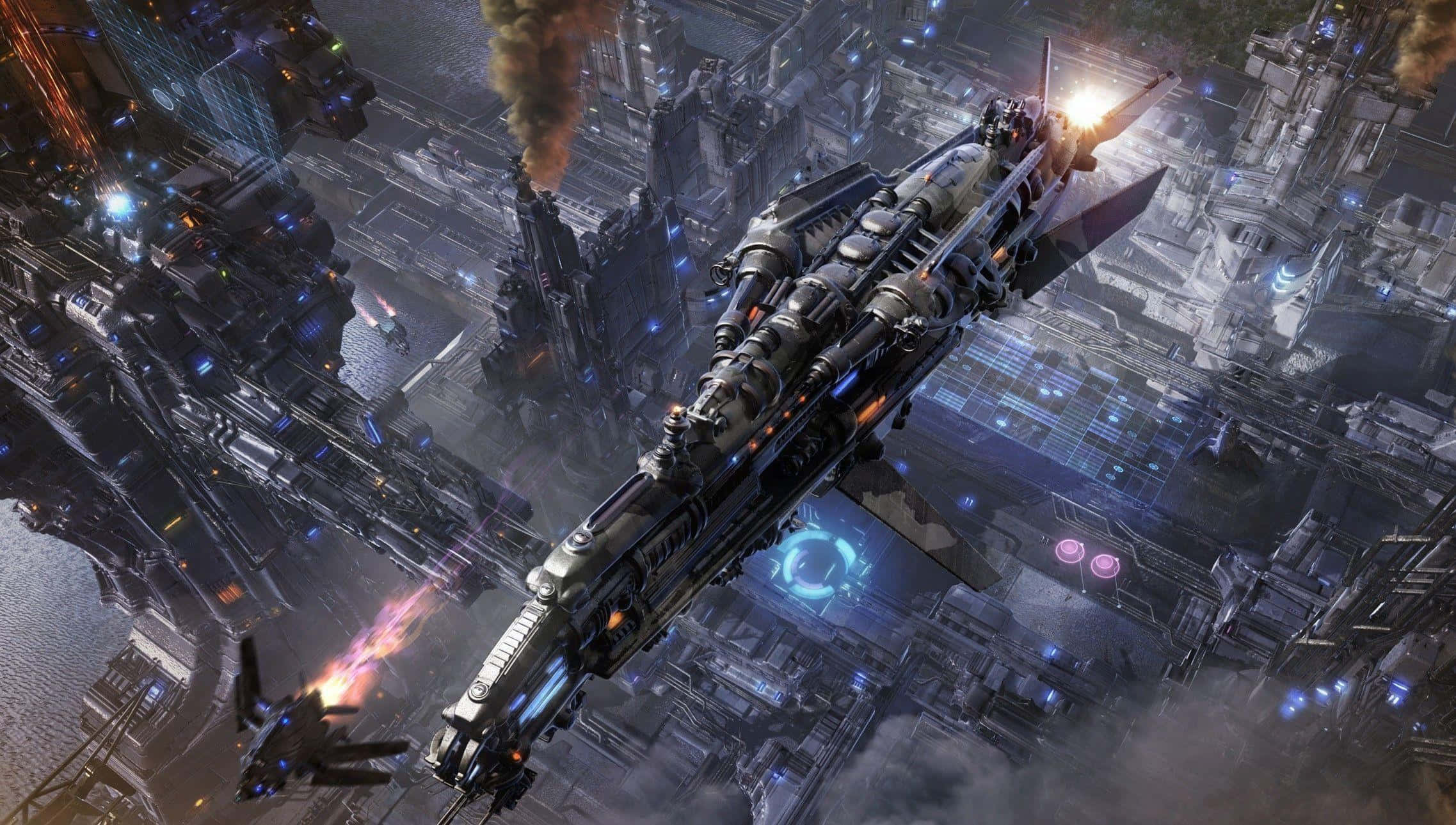 Spacecraft 桌布 壁紙 — 一艘巨大的未來派太空船在夜間飛越廣闊的賽博龐克城市景觀，霓虹燈閃爍，工業塔樓冒著煙霧。