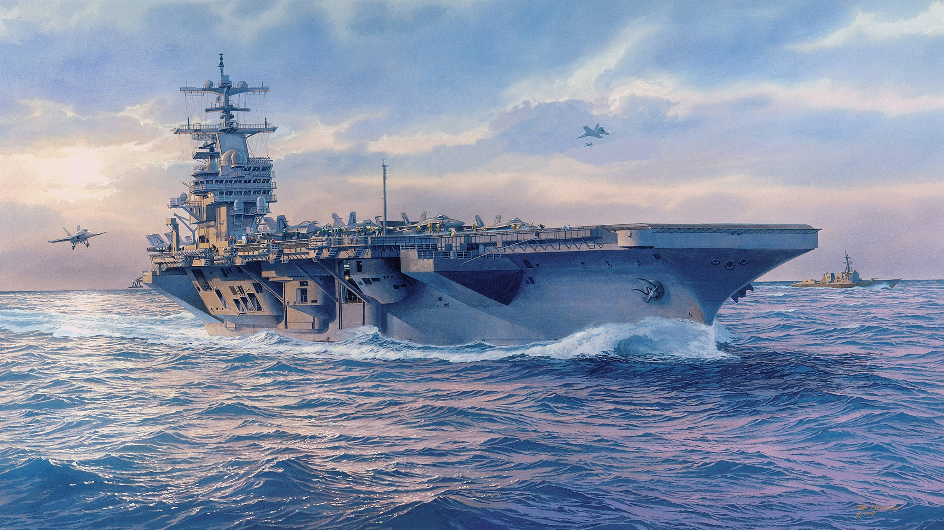 Warship 桌布 壁紙 — 一艘巨大的灰色航空母艦劃破深藍色的海浪，戰鬥機在柔和的暮色天空下盤旋其周圍。