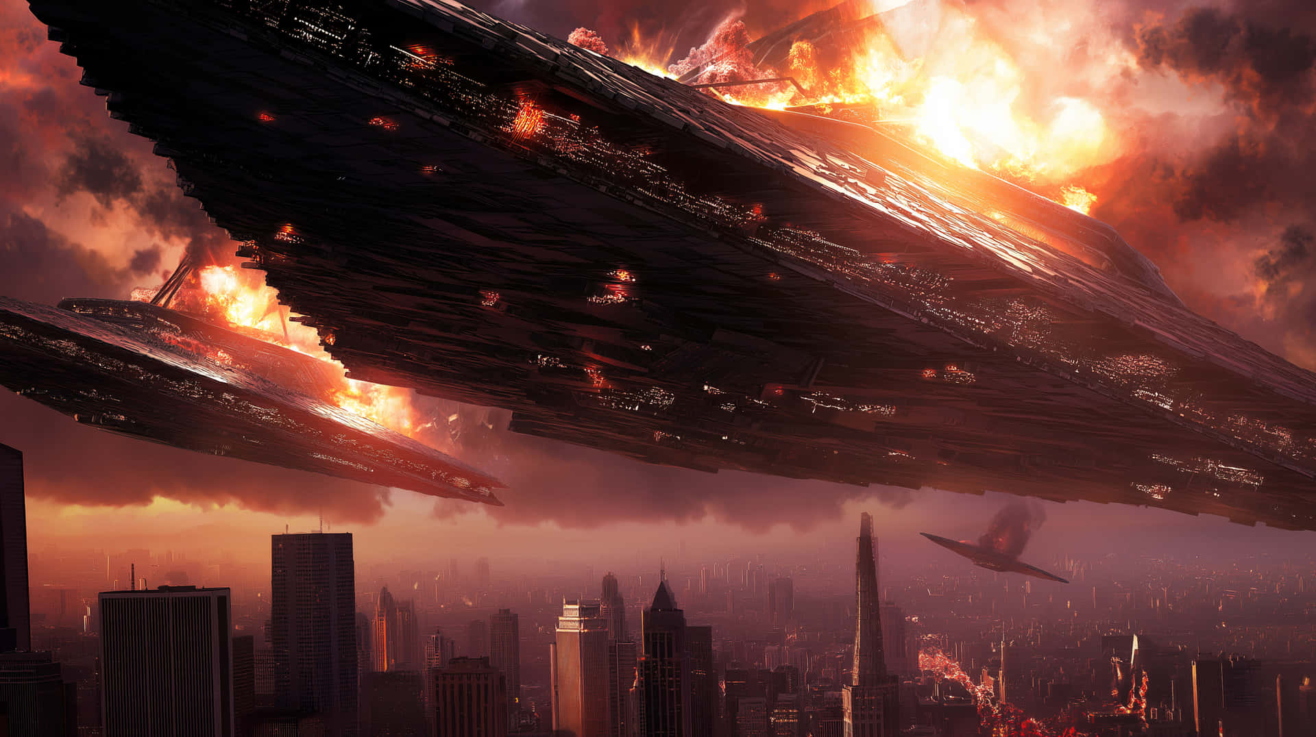 An alien invasion scene on Earth 壁紙 — 一艘巨大的燃燒太空船在日落時分聳立於未來城市天際線之上，伴隨著熾熱的爆炸和煙霧。